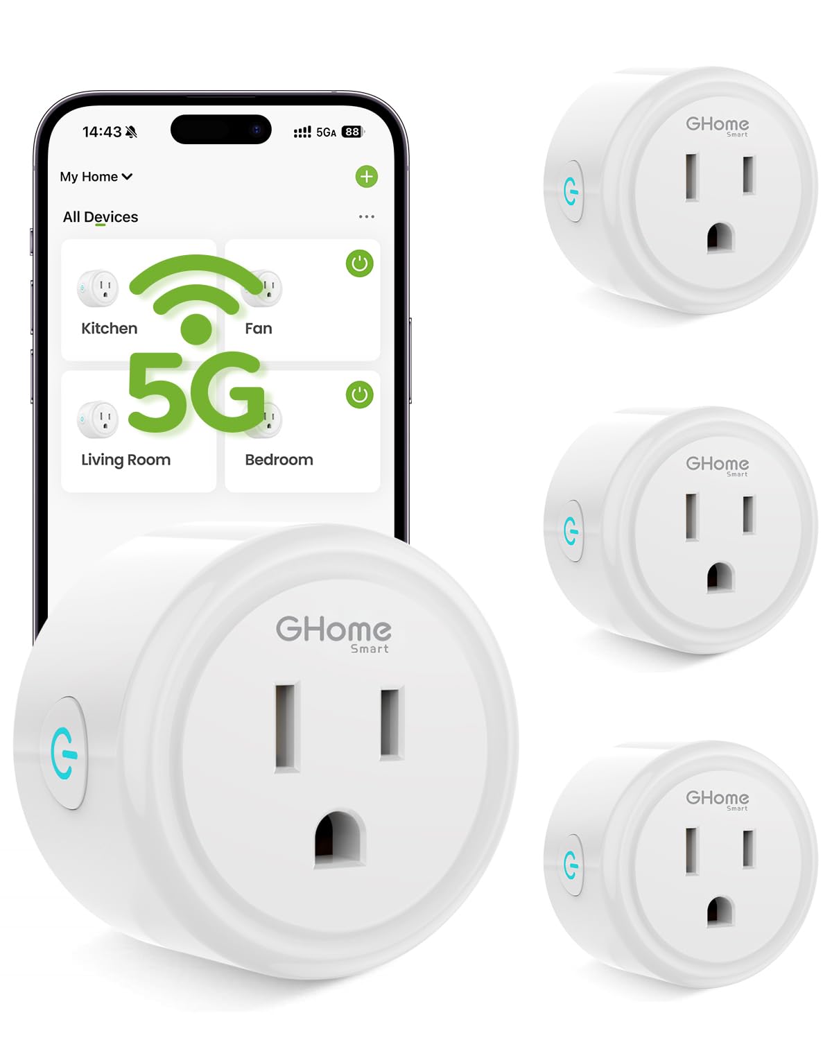 GHome Smart 5G 15A WiFi Smart Plug Compatible with Alexa and Google Home, Outlet Timer Smart Home WiFi Outlet Timer with Remote Control, 5GHz and 2.4GHz Wi-Fi Sockets, ETL FCC Listed, White, 4 Pack - Image 2