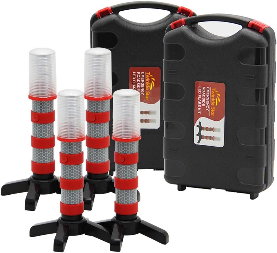 Twinkle Star LED Safety Strobe Road Warning Light, Set of 4 | Emergency Roadside Flares Kit, Highway Beacon Alert Flare, Magnetic Base, Detachable Stand, Solid Storage Case - Image 2