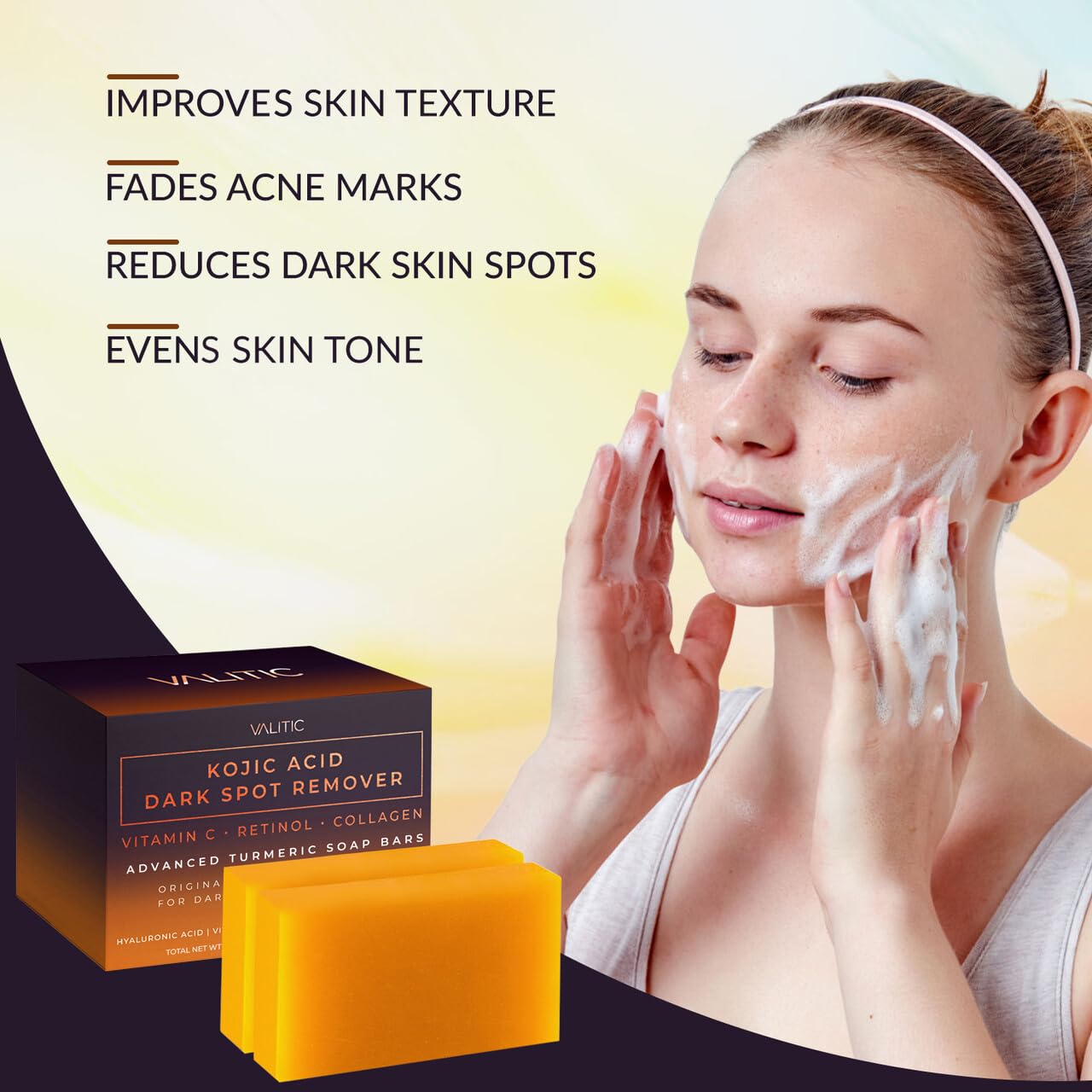 VALITIC Kojic Acid Dark Spot Remover Soap Bars with Vitamin C, Retinol, Collagen, Turmeric - Original Japanese Complex Infused with Hyaluronic Acid, Vitamin E, Shea Butter, Castile Olive Oil (2 Pack) - Image 6