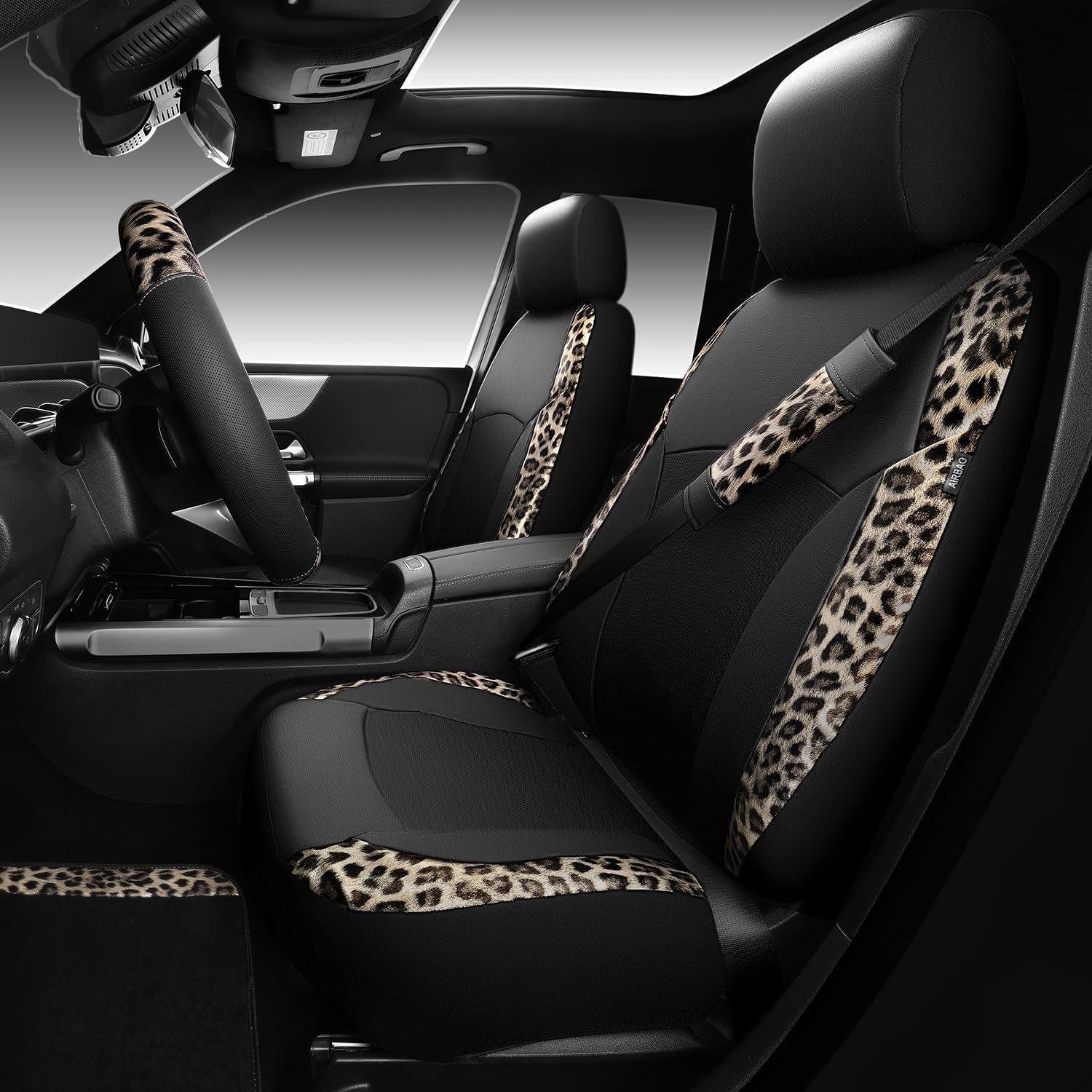 CAR PASS Leopard Print Faux Leather Car Seat Covers & Leopard Car Mats&Leopard Steering Wheel Cover Seat Belt Universal Car Accessories for SUV,Van,Saden,Truck Automobile Interior Sets(Gold Black) - Image 8