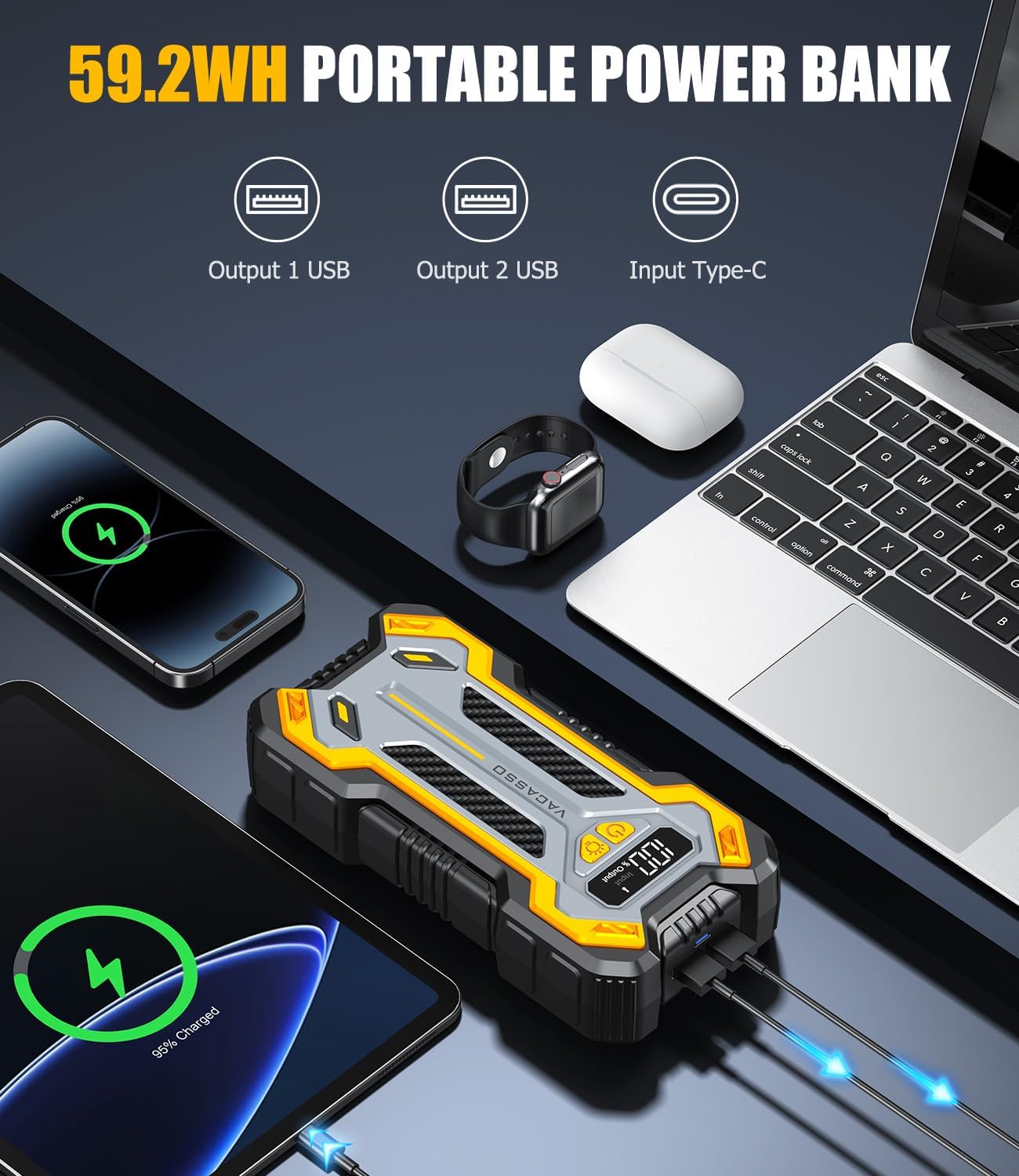 Car Jump Starter, VACASSO 5000A Car Battery Jump Starter for Up to 10L Gas and 8L Diesel Engines, 12V Portable Jumper Starter Power Pack with Booster Car Starter Jump Box, LED Light, Jumper Cable - Image 5