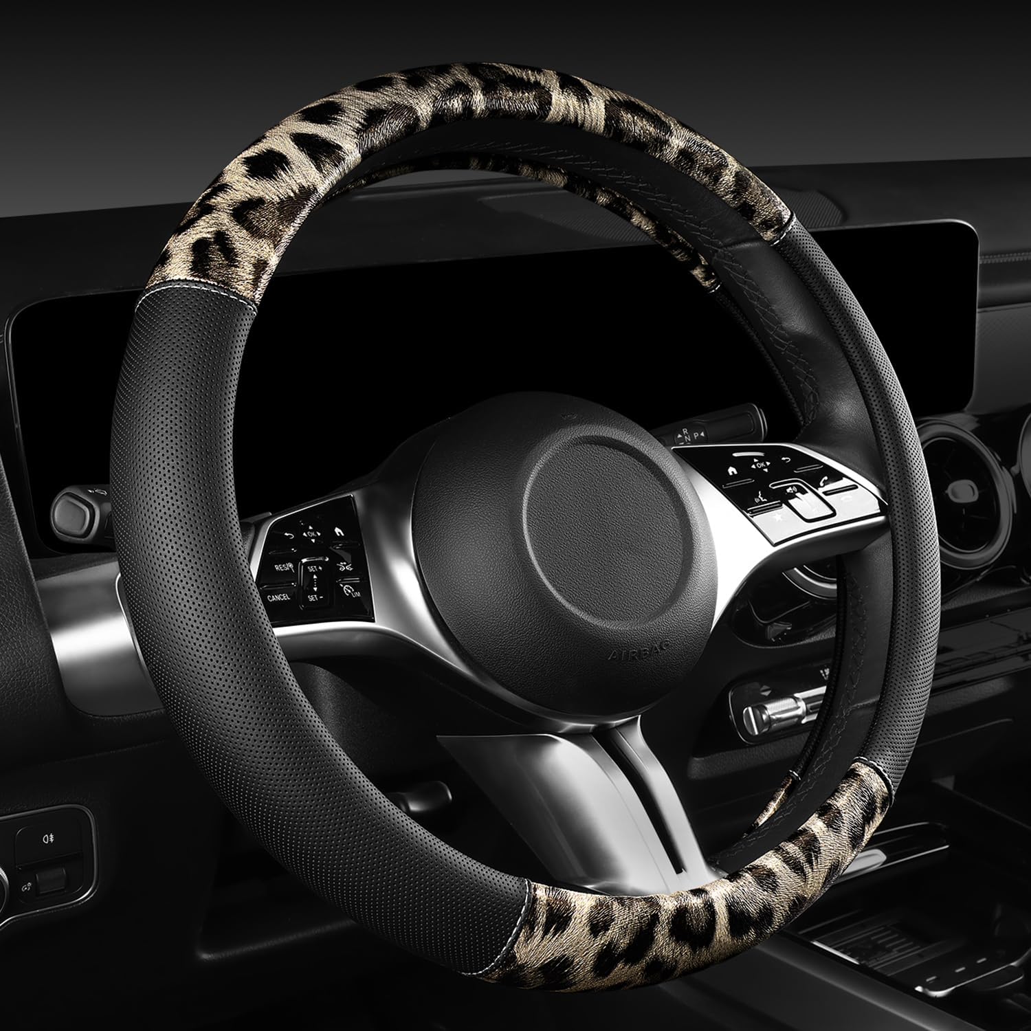 CAR PASS Leopard Print Faux Leather Car Seat Covers & Leopard Car Mats&Leopard Steering Wheel Cover Seat Belt Universal Car Accessories for SUV,Van,Saden,Truck Automobile Interior Sets(Gold Black) - Image 9