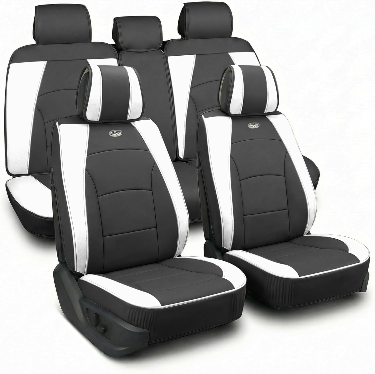 FH Group Ultra Comfort Highest Grade Faux Leather Full Set Cushion Pads Car Seat Covers for Front and Rear– Universal Fit for Cars Trucks & SUVs (White/Black) - Image 2