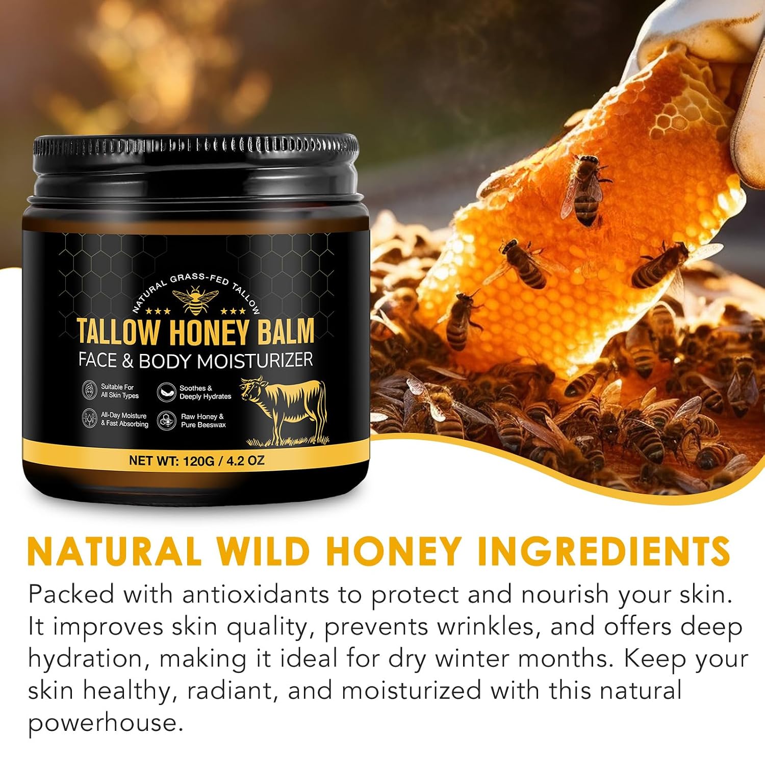 Beef Tallow for Skin, Beef Tallow for Face, Hydrating Tallow Balm with Raw Honey and Beeswax, Grass-Fed Beef Tallow & Raw Wild Honey Blend, Body & Face Moisturizer, Natural Formula, Light Scent - Image 8