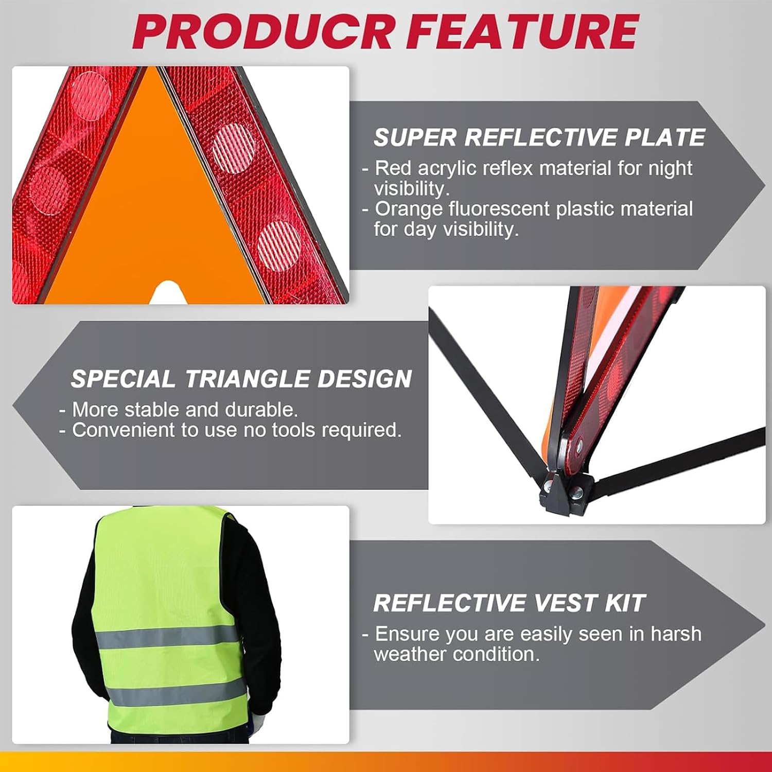 DASBET 3 Pack Emergency Warning Triangles with 2 Pack Reflective Vest Kit | Roadside Safety Triangle, Foldable Warning Reflective Triangle with Case for Vehicles Breakdown & Emergencies - Image 4
