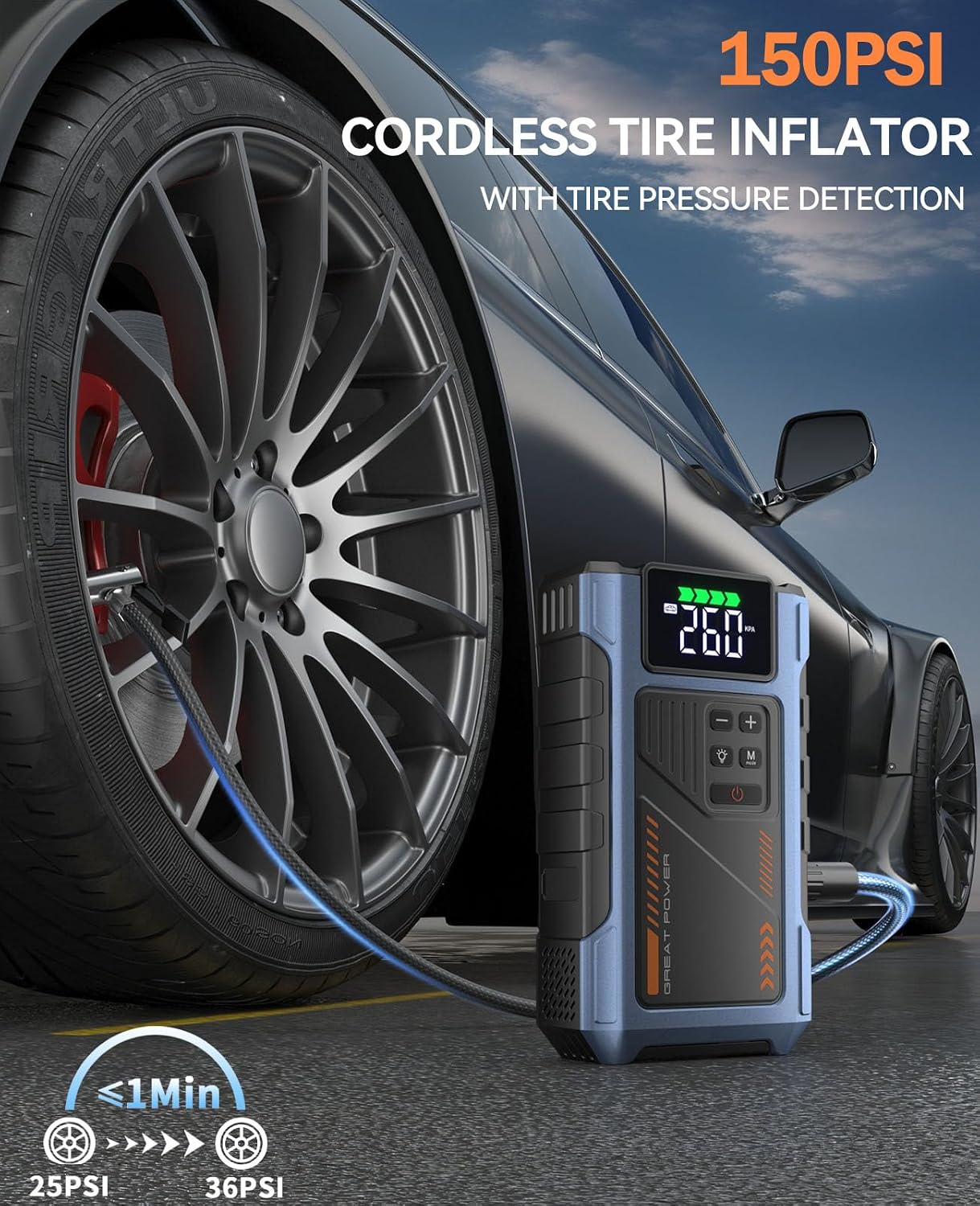 Car Battery Charger Jump Starter with Air Compressor, 4500A Jump Box for Car Battery Portable Jumper Cables with Battery Pack, 12V Jumpstart Combo 150PSI Tire Inflator Air Pump (8.5L Gas/7.0L Diesel) - Image 4