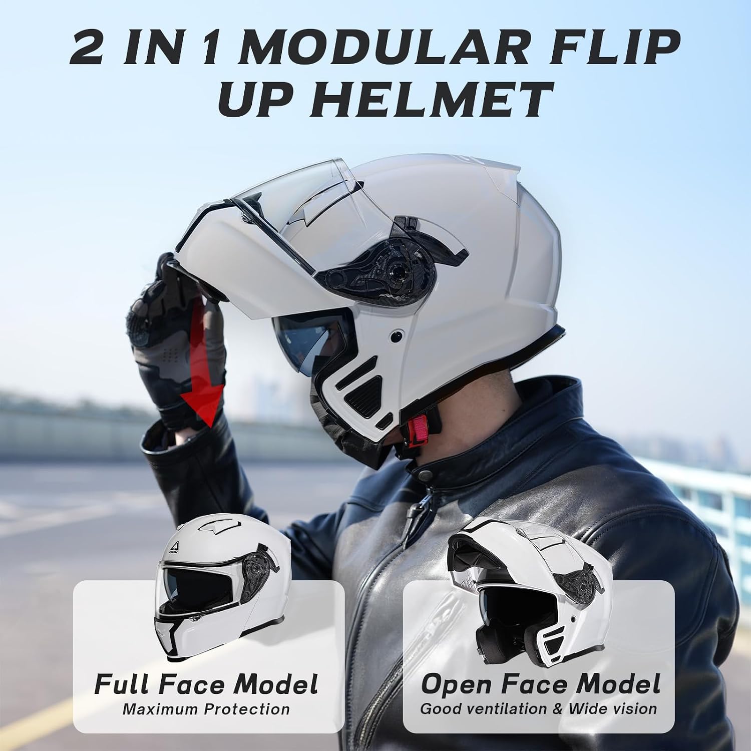 TRIANGLE Flip Up Modular Helmet, Dual Visor Full Face DOT Approved Adults | Features quick-release inner sunshield, custom-fit washable liner, and aerodynamic airflow for all-season versatility - Image 3