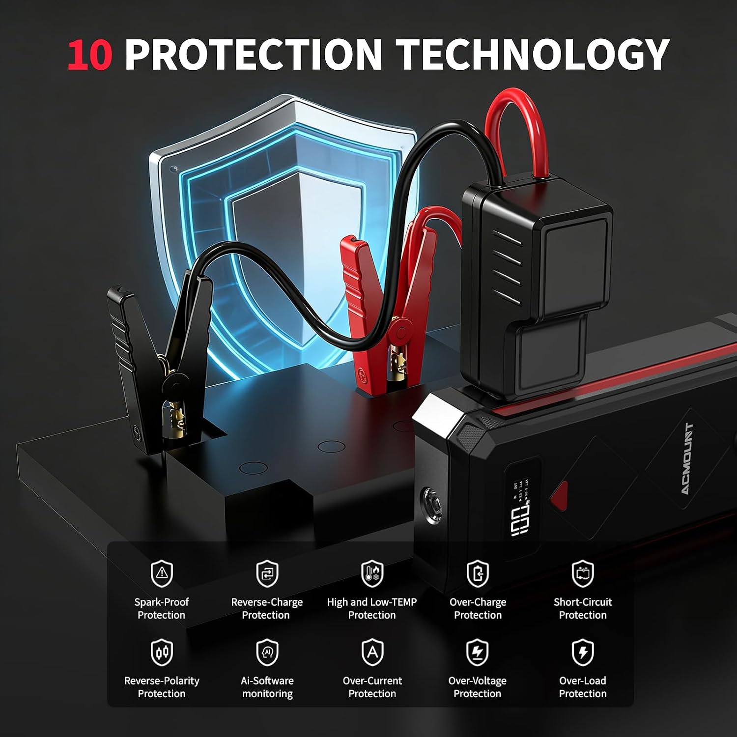 ACMOUNT P100 5000A Car Battery Jump Starter for 10.0L Gas/8.0L Diesel | 12V Portable Jump Box with Jumper Cables, Power Bank, 600LM LED Flashlight, Safety Hammer & Compass - Image 4