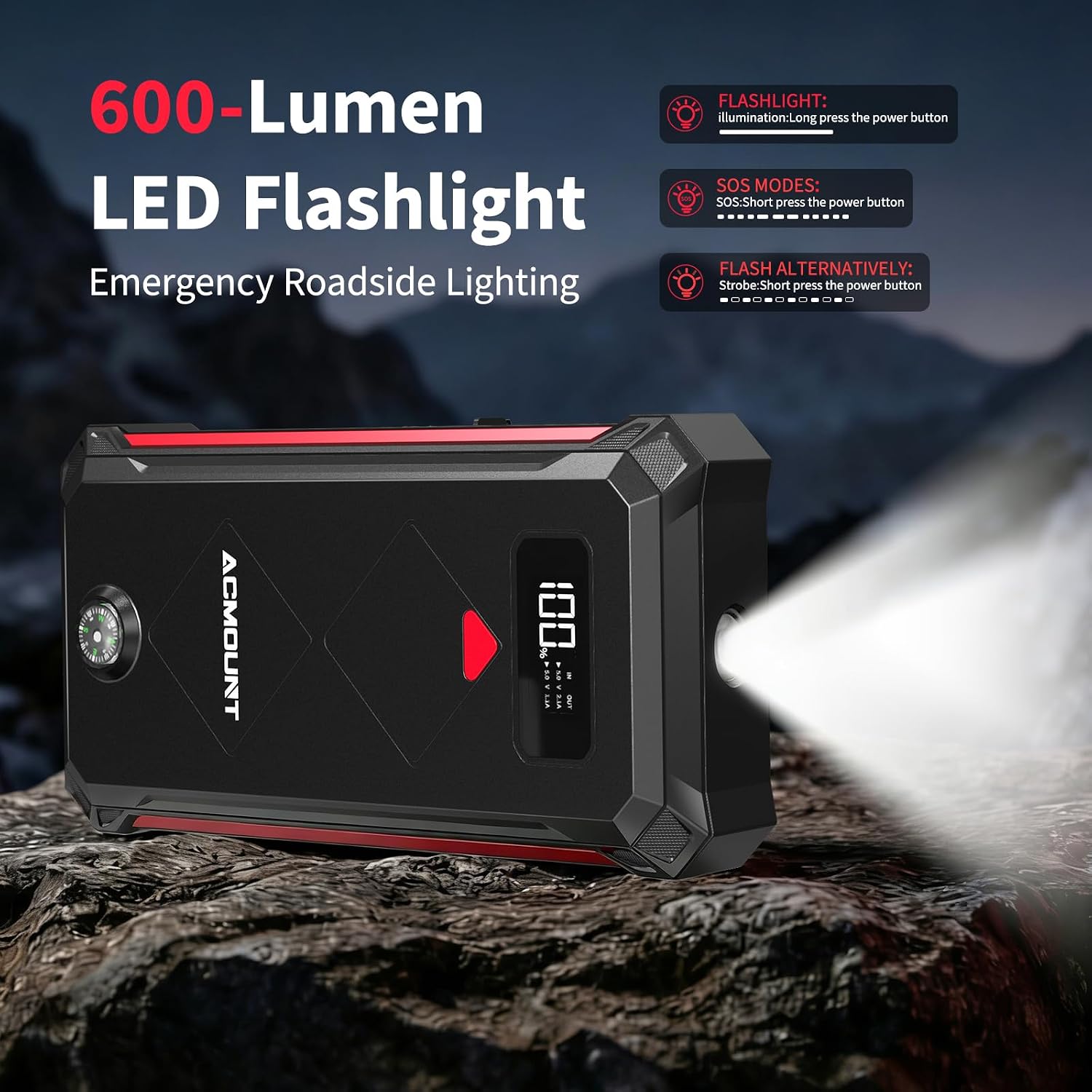 ACMOUNT P100 5000A Car Battery Jump Starter for 10.0L Gas/8.0L Diesel | 12V Portable Jump Box with Jumper Cables, Power Bank, 600LM LED Flashlight, Safety Hammer & Compass - Image 6
