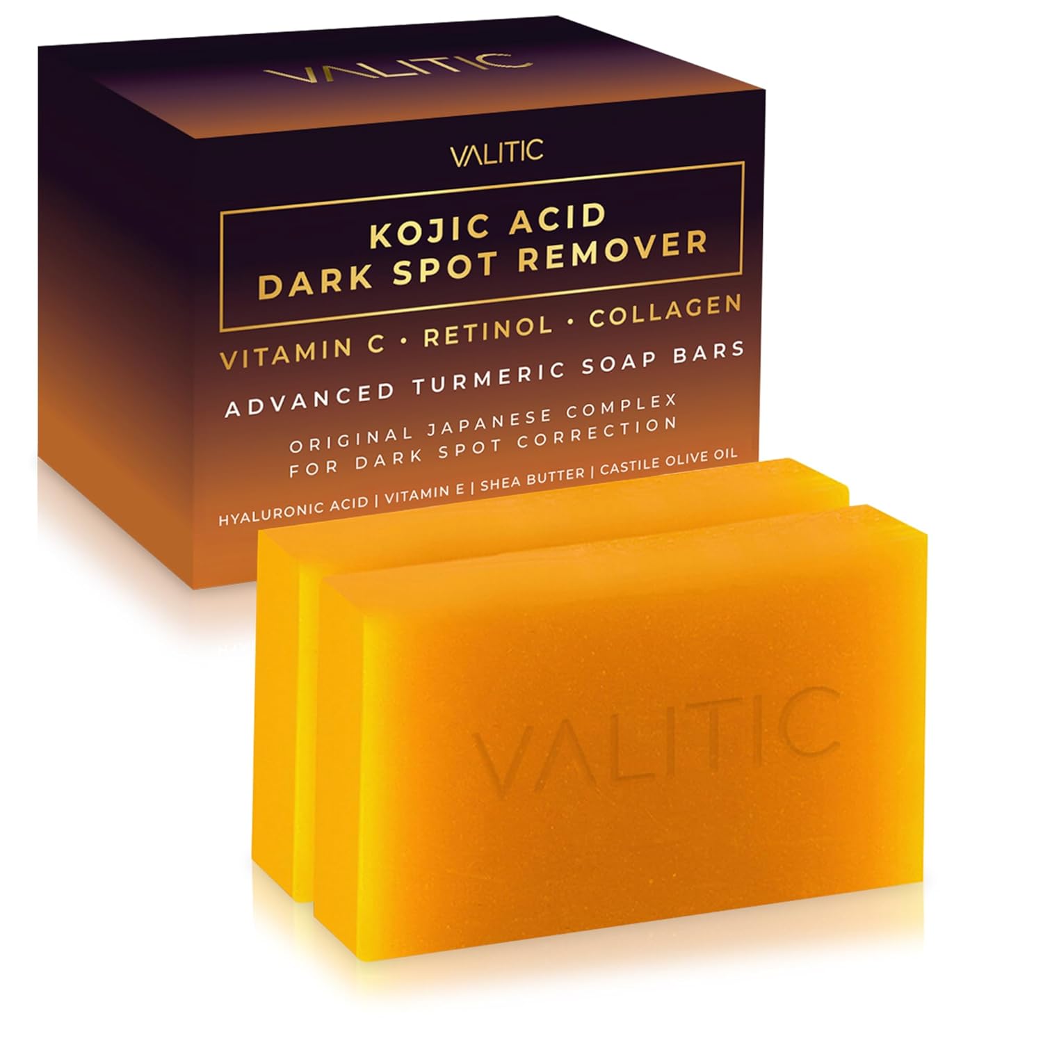 VALITIC Kojic Acid Dark Spot Remover Soap Bars with Vitamin C, Retinol, Collagen, Turmeric - Original Japanese Complex Infused with Hyaluronic Acid, Vitamin E, Shea Butter, Castile Olive Oil (2 Pack) - Image 2