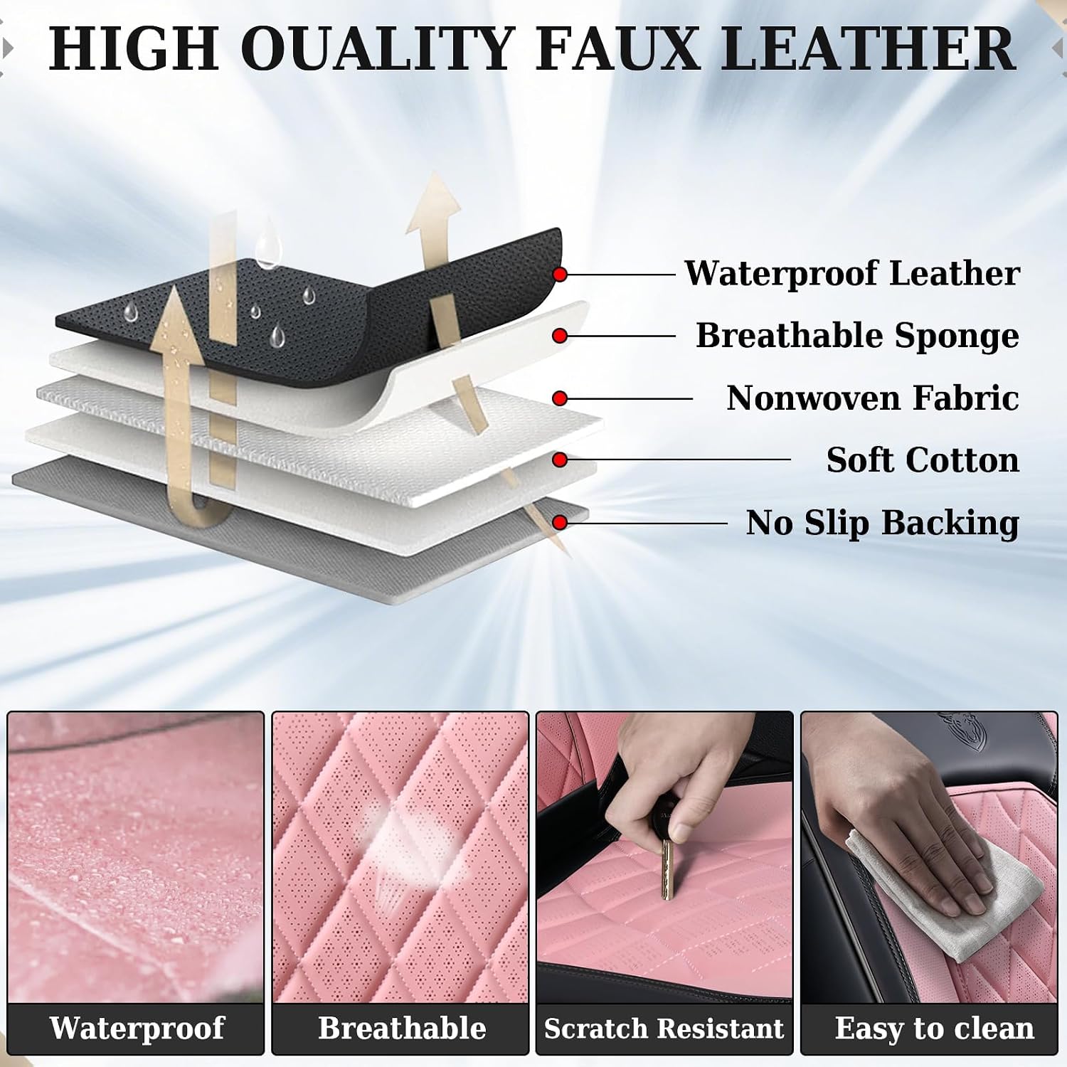 Coverado Leather Seat Covers, Car Seat Covers Full Set, Waterproof Faux Leather Pink & Black Seat Covers, Car Seat Protectors 5 Seats, Automotive Seat Covers Universal Fit for Most Cars SUV Trucks - Image 8