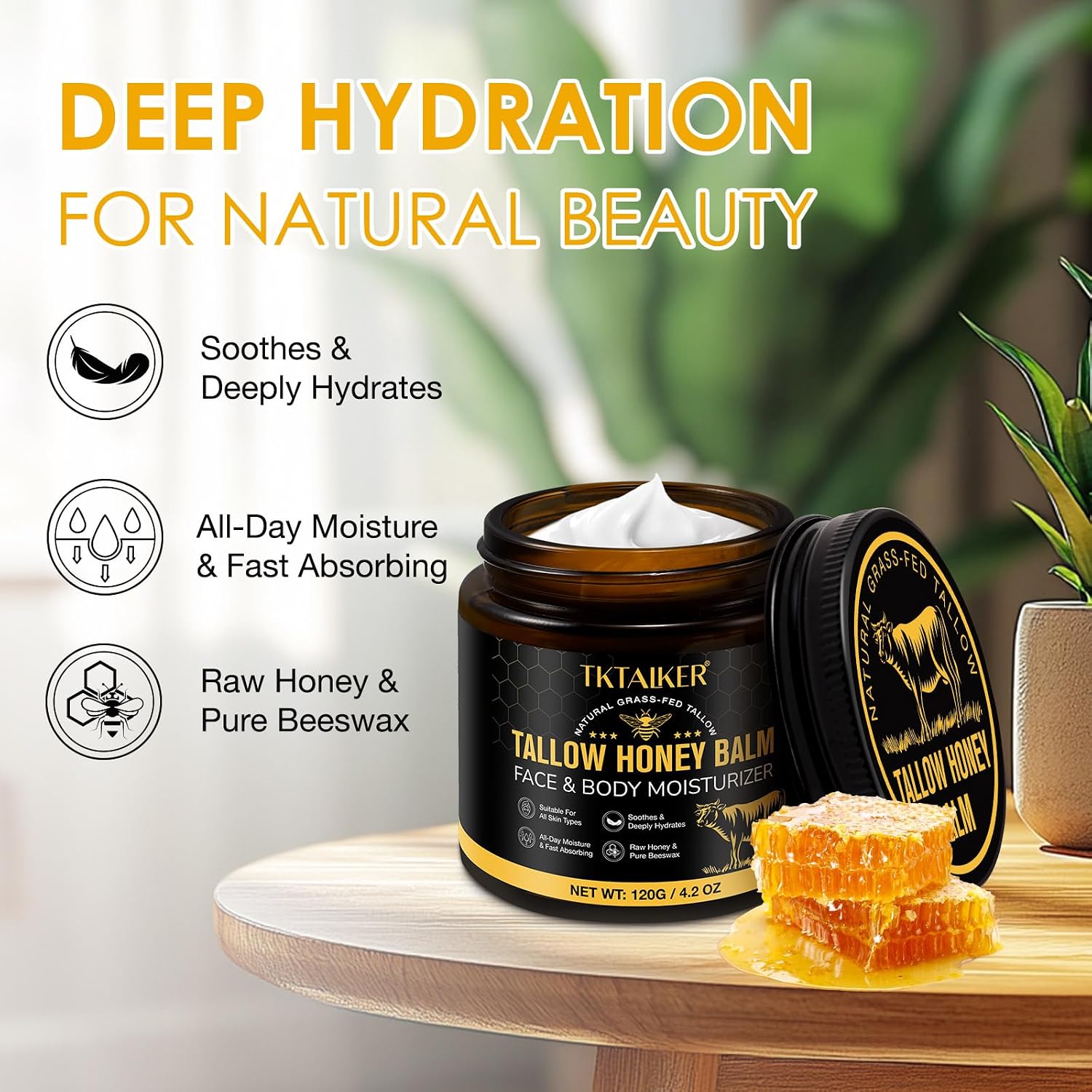 Beef Tallow for Skin, Beef Tallow for Face, Hydrating Tallow Balm with Raw Honey and Beeswax, Grass-Fed Beef Tallow & Raw Wild Honey Blend, Body & Face Moisturizer, Natural Formula, Light Scent - Image 3