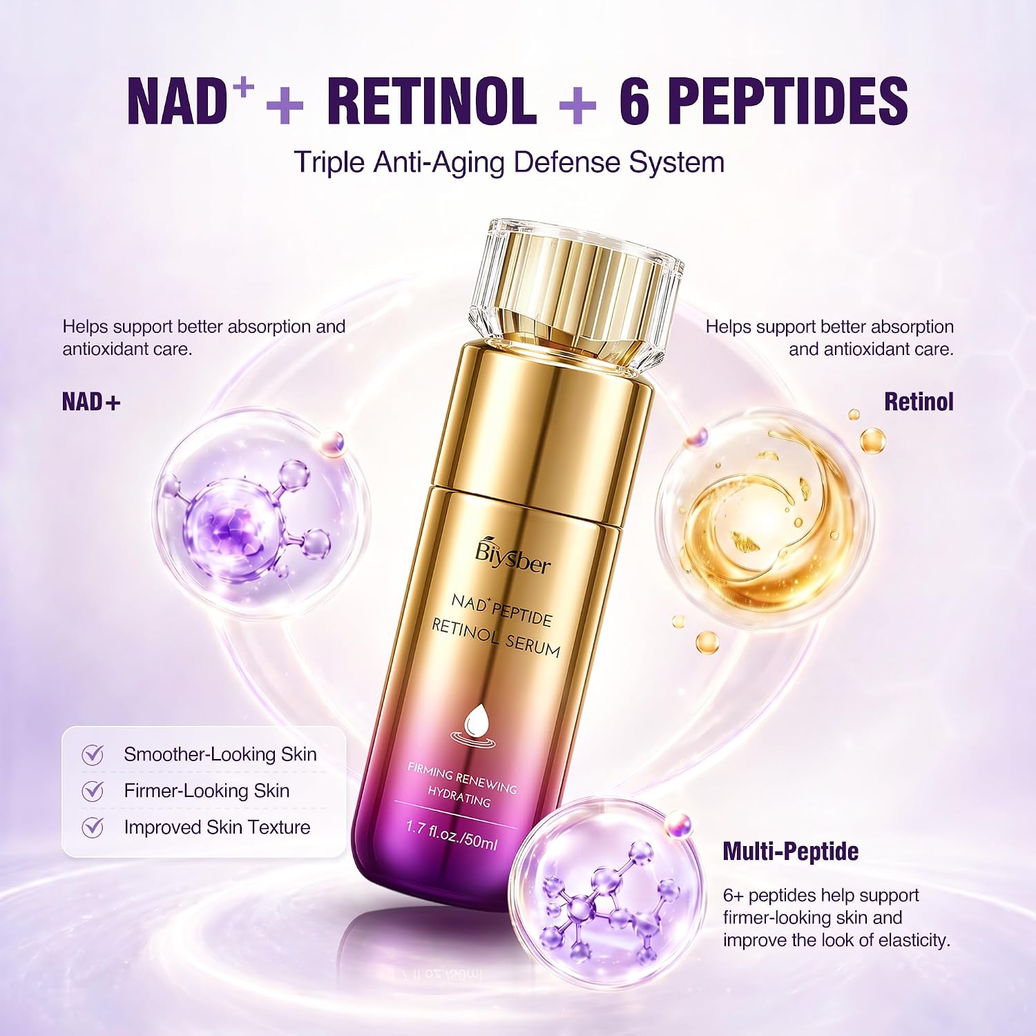 Retinol Peptide Serum for Face & Neck with NAD+ Support,Firming Collagen Skin Care for Fine Lines, Wrinkles & Hydration, Lightweight Daily Serum for Women & Men, 1.7 Fl Oz - Image 5