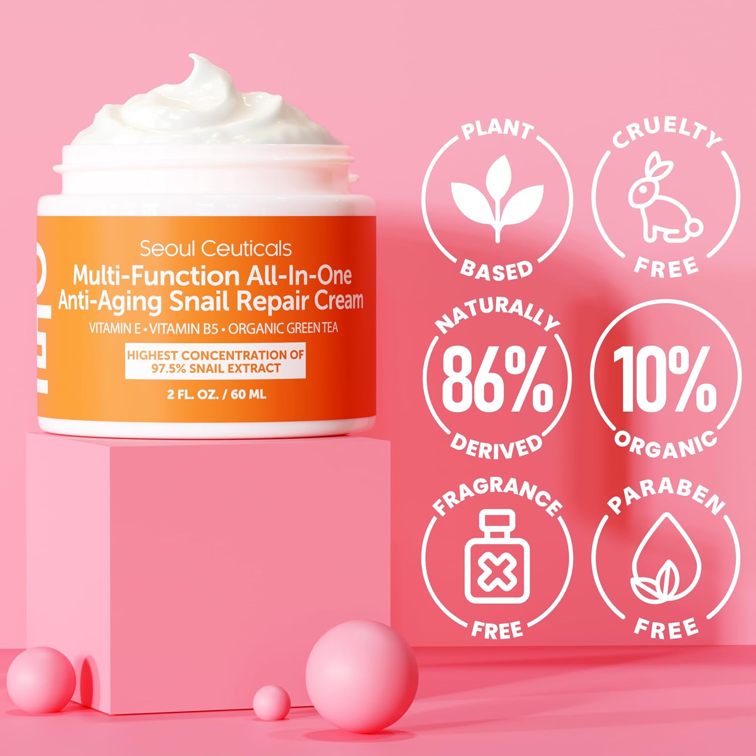 SeoulCeuticals 97.5% Snail Mucin Korean Face Moisturizer Day & Night Cream | 2oz Anti Wrinkle Anti Aging Repair, Natural Organic Cruelty Free Skin Care, K Beauty Facial Skincare for Oily Normal Dry Skin - Image 5