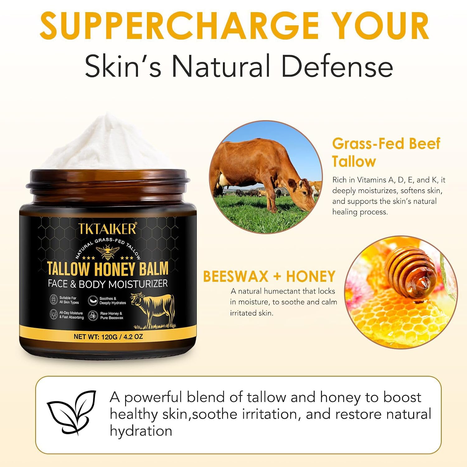Beef Tallow for Skin, Beef Tallow for Face, Hydrating Tallow Balm with Raw Honey and Beeswax, Grass-Fed Beef Tallow & Raw Wild Honey Blend, Body & Face Moisturizer, Natural Formula, Light Scent - Image 4