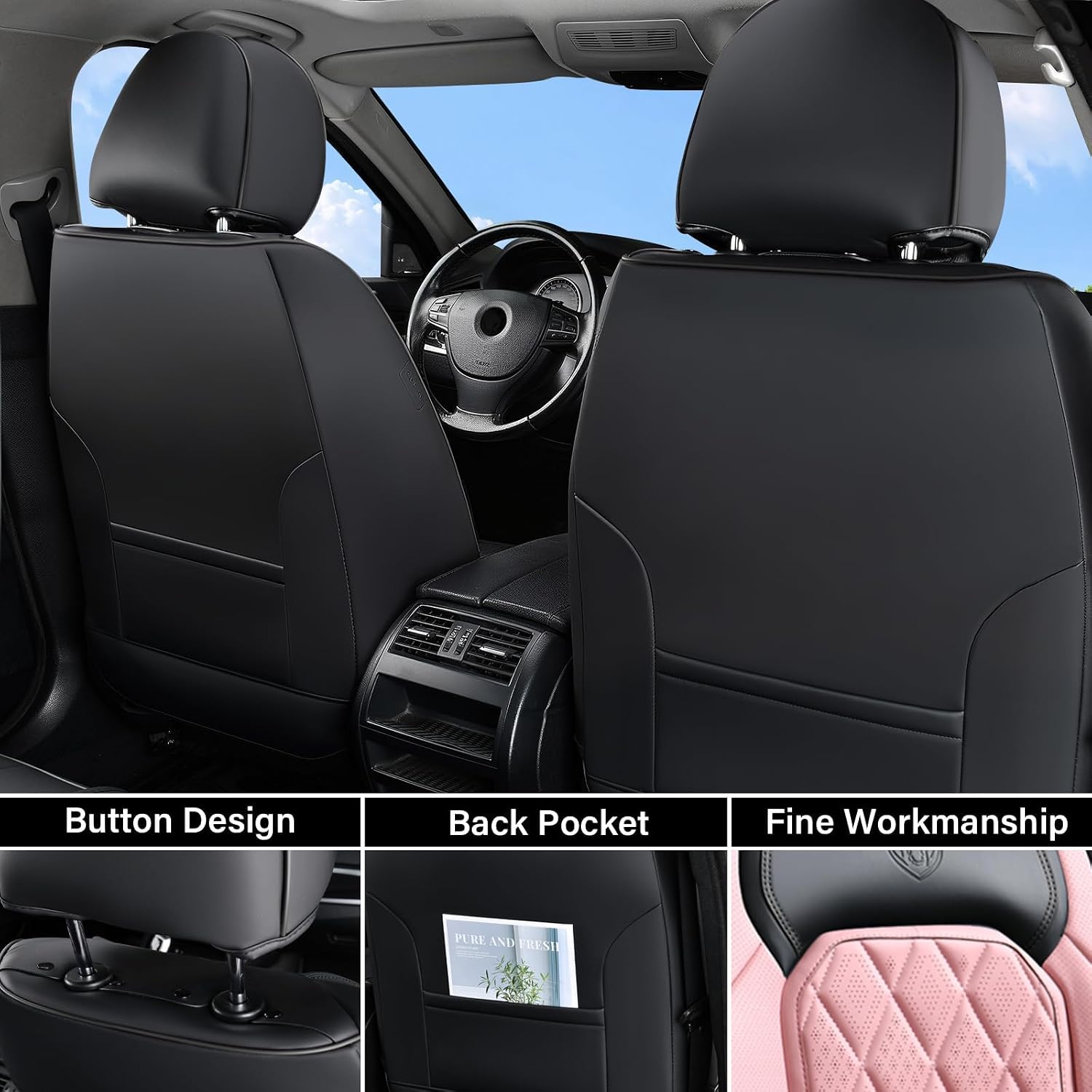 Coverado Leather Seat Covers, Car Seat Covers Full Set, Waterproof Faux Leather Pink & Black Seat Covers, Car Seat Protectors 5 Seats, Automotive Seat Covers Universal Fit for Most Cars SUV Trucks - Image 3
