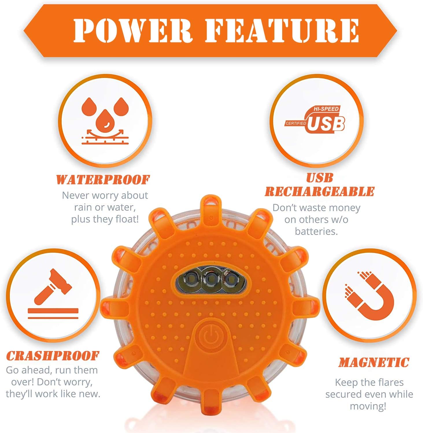 Ecoangel USB Rechargeable LED Road Flares Emergency Lights-Roadside Warning Car Safety Beacon Flashing Disc Flare Kit with Magnetic Base for Vehicles & Boat | 3 Beacon Disc Pack - Image 3
