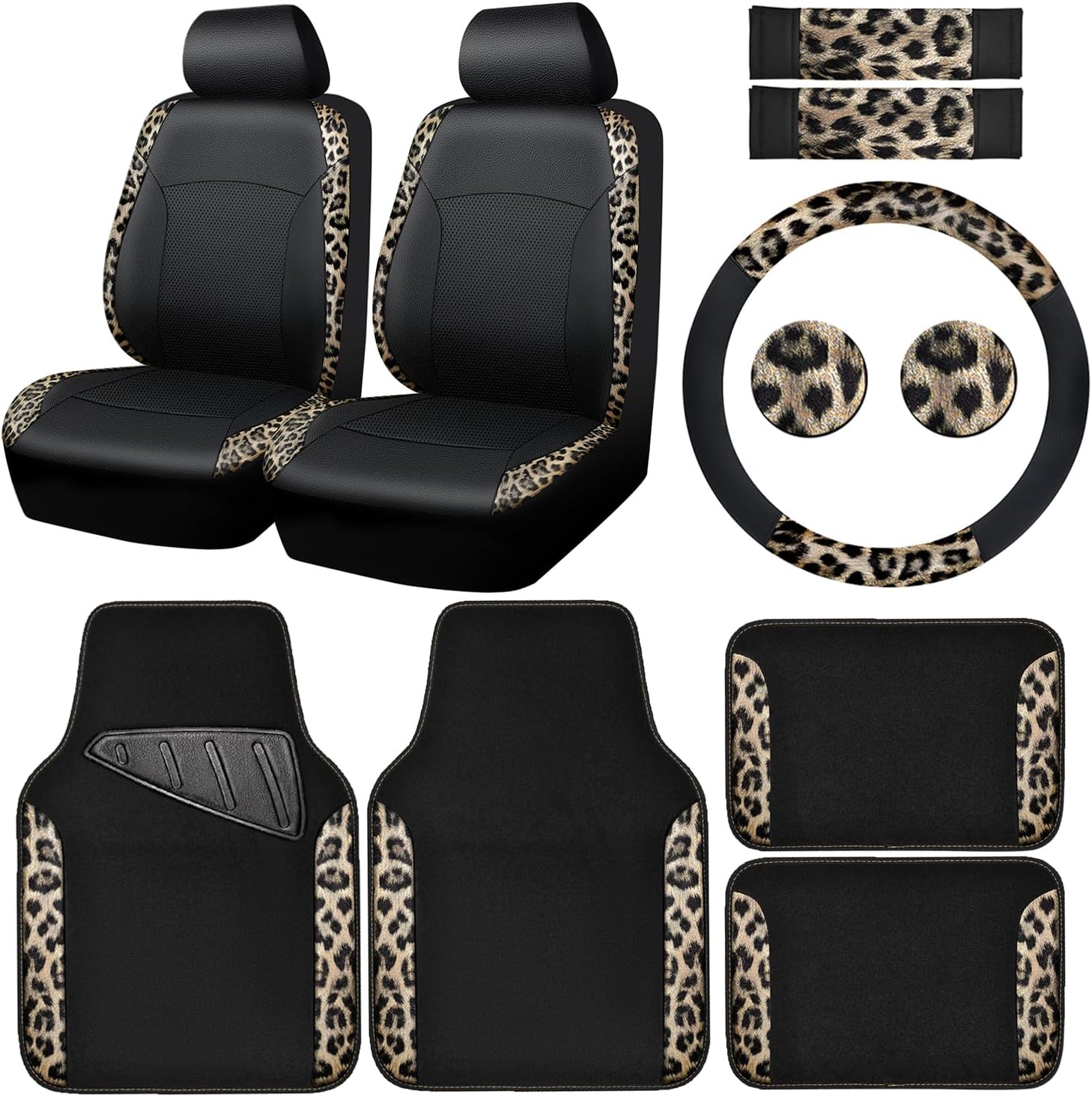 CAR PASS Leopard Print Faux Leather Car Seat Covers & Leopard Car Mats&Leopard Steering Wheel Cover Seat Belt Universal Car Accessories for SUV,Van,Saden,Truck Automobile Interior Sets(Gold Black) - Image 10