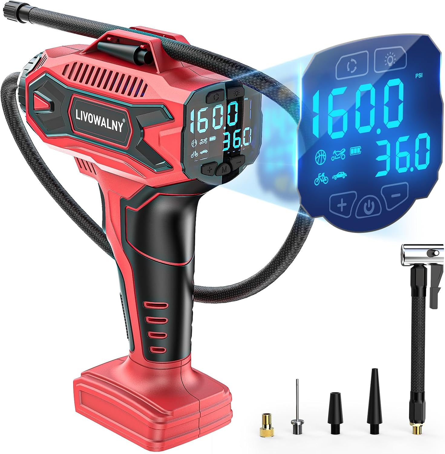 LIVOWALNY Tire Inflator Air Compressor Compatible with Milwaukee 18V Battery, 160PSI Cordless Portable Electric Air Pump with Digital Pressure Gauge for Car Motorcycles Bike Ball Auto (Tool Only) - Image 2