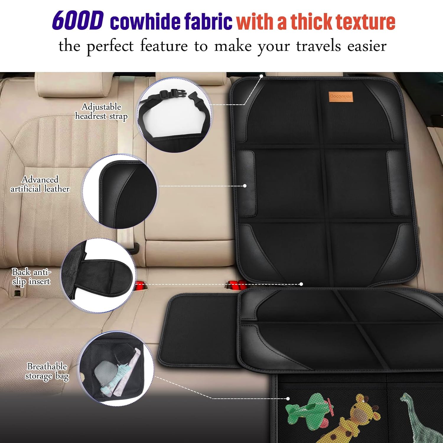 Bacgnyer Car Seat Protector, 2 Pack of Seat Protectors, Thickest Padded 600D Fabric Padding, Waterproof, Durable, Anti Slip Backing, Child Seat Protection, Suitable for Babies, Toddlers, Children - Image 5