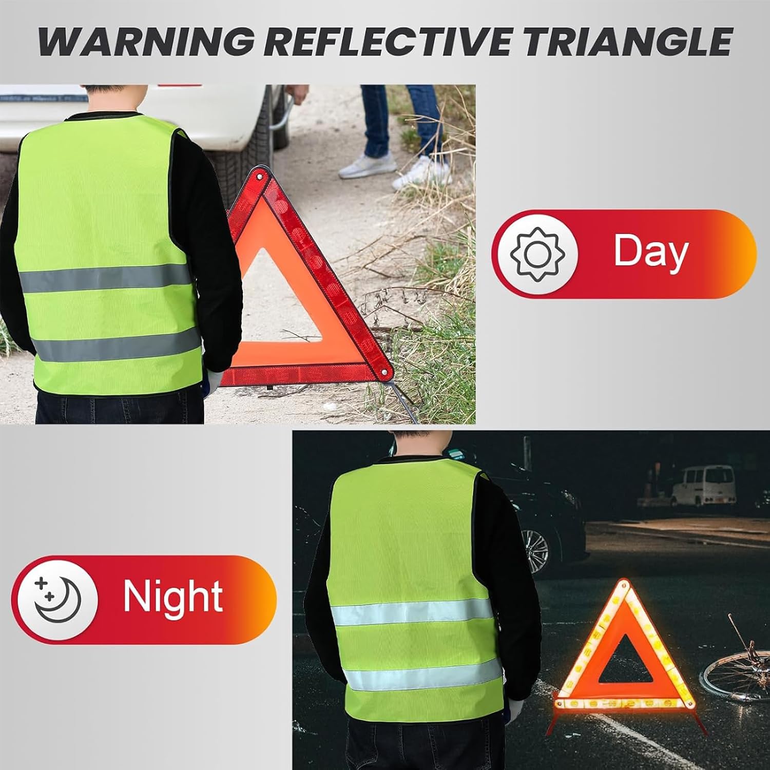DASBET 3 Pack Emergency Warning Triangles with 2 Pack Reflective Vest Kit | Roadside Safety Triangle, Foldable Warning Reflective Triangle with Case for Vehicles Breakdown & Emergencies - Image 6