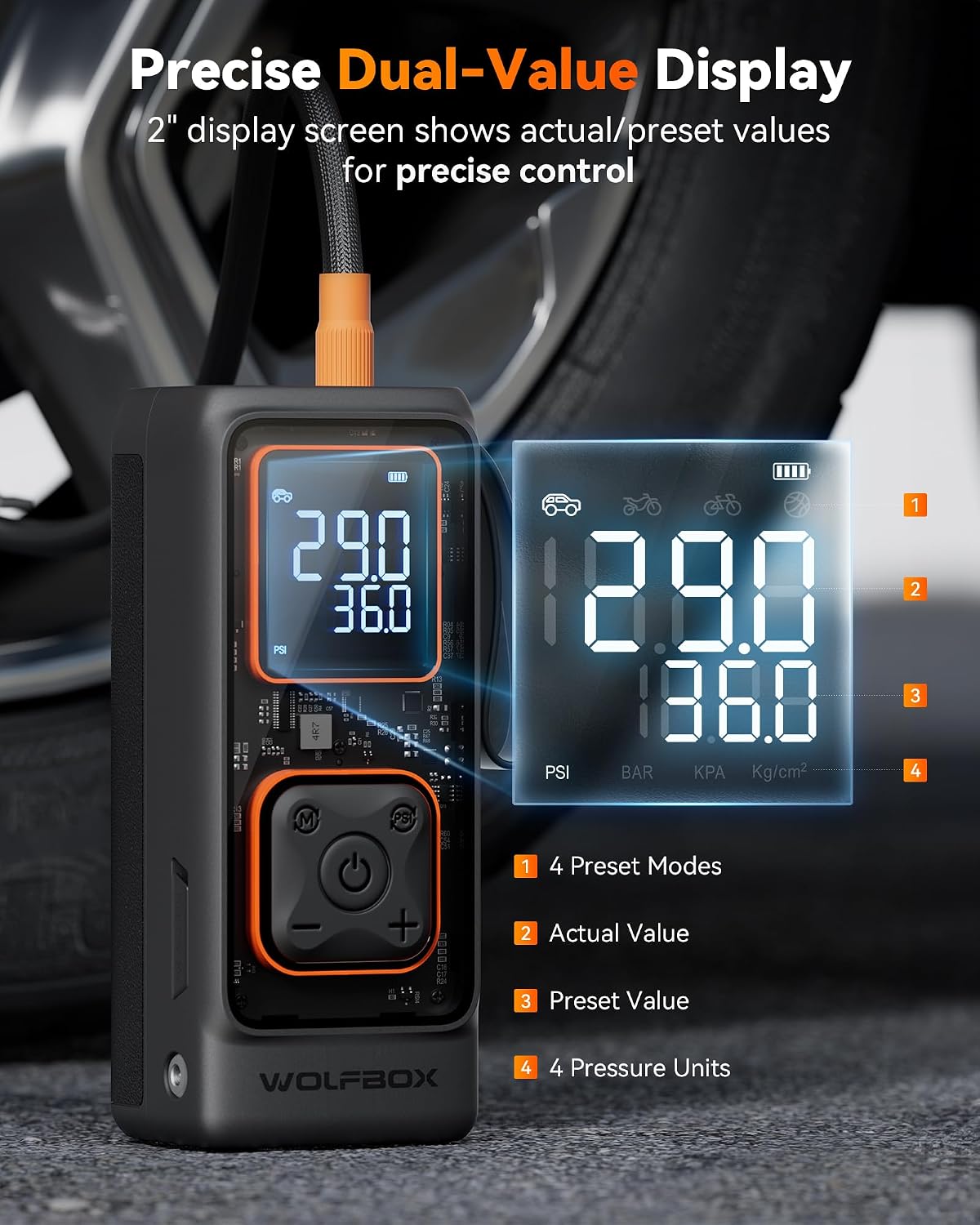 WOLFBOX Cordless Tire Inflator Portable Air Compressor, 150PSI Air Pump for Car Tires, Motorcycle, Bicycle & Ball, with Smart Digital Pressure Gauge, Auto Shut-Off & LED Flashlight - Image 8