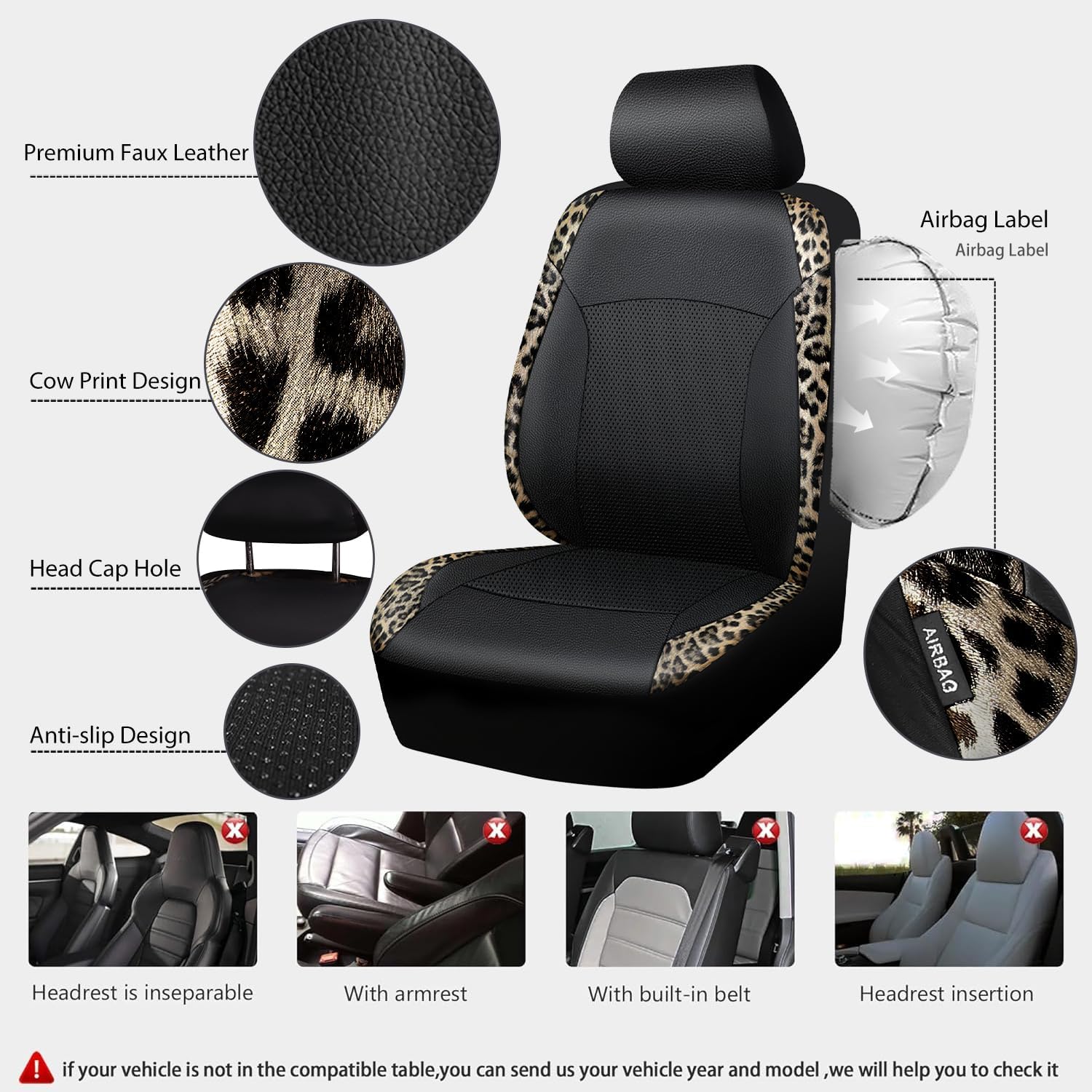 CAR PASS Leopard Print Faux Leather Car Seat Covers & Leopard Car Mats&Leopard Steering Wheel Cover Seat Belt Universal Car Accessories for SUV,Van,Saden,Truck Automobile Interior Sets(Gold Black) - Image 4