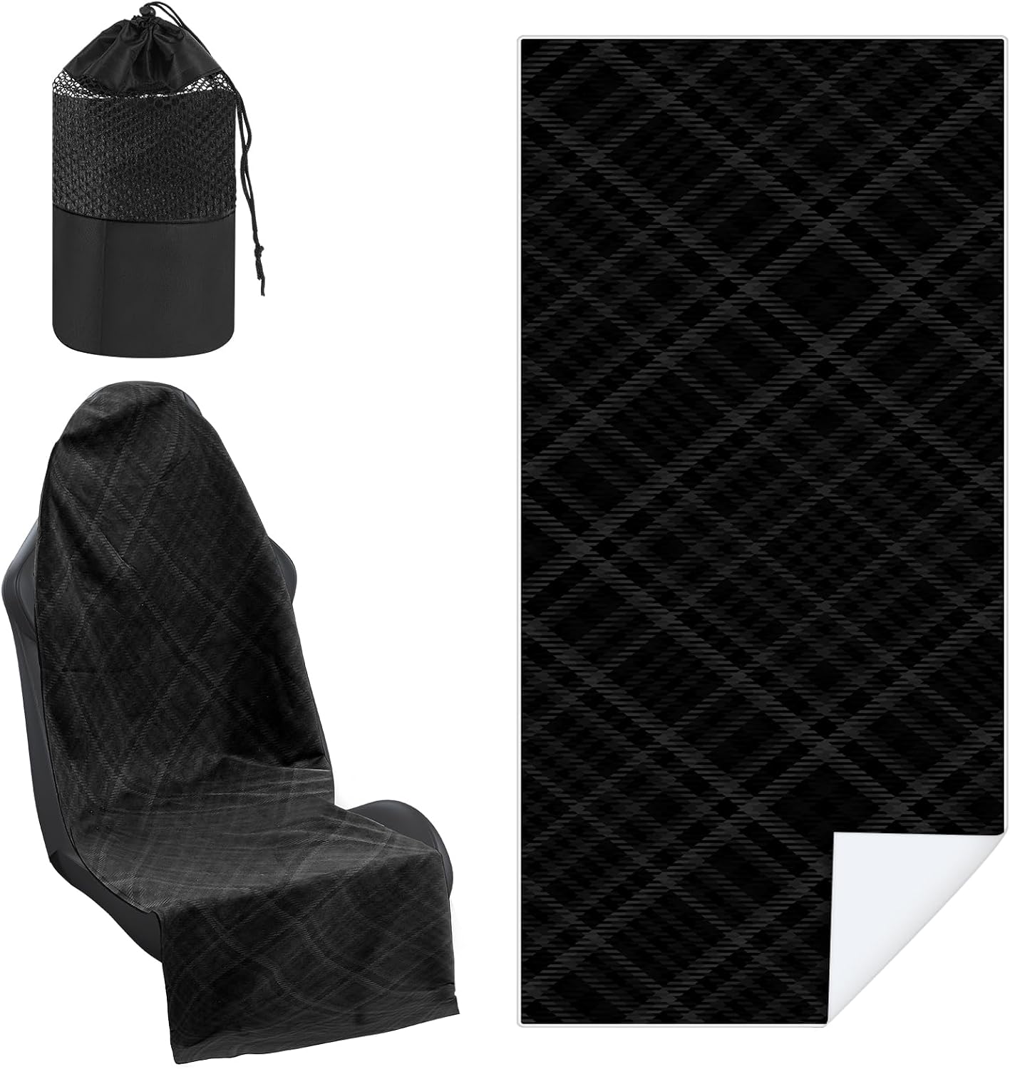 Hahafelt 1 Pack Car Seat Towel Cover with Storage Bag, 63 x 32 Inch Universal Non Slip Waterproof Sweat Protector for Car, Gym Workout Swimming Running, Machine Washable (Black Plaid Style) - Image 2