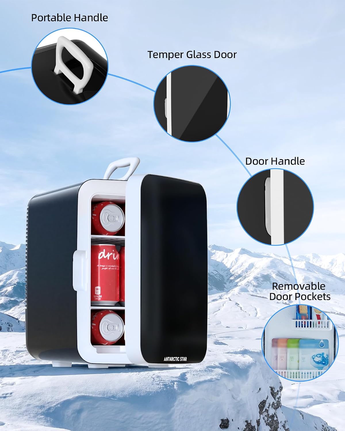 Antarctic Star 10L Compact Mini Fridge, 2.6 Gal Portable Small Refrigerator | Small Desktop Fridge with AC/DC Adapters, Cosmetics Cooler for Beverage, Food, Skincare, Bedroom, Office, Dorm, Black - Image 5