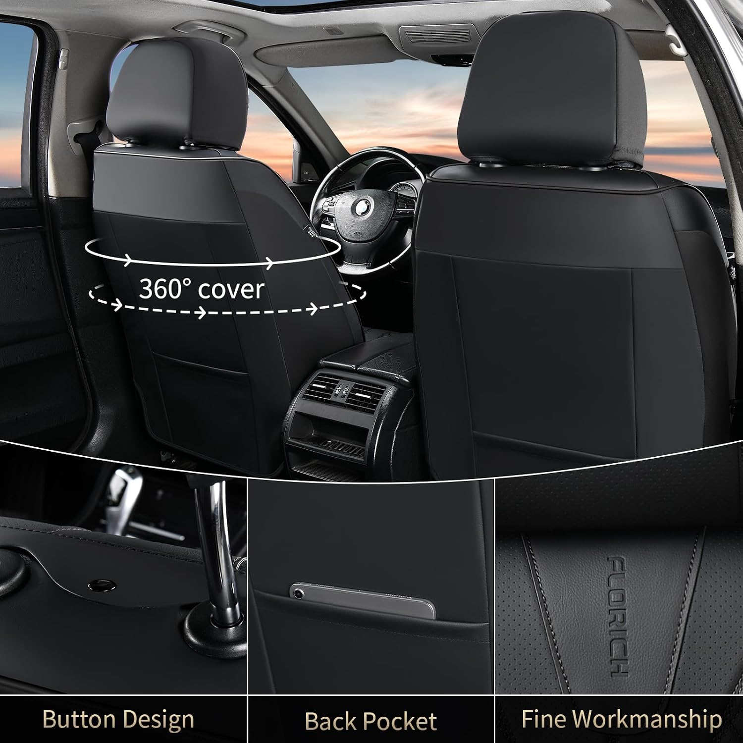 FLORICH Leather Seat Covers Full Set Automotive Seat Covers Black Car Seat Covers Waterproof Front and Back Seat Covers Car Seat Cushion Protector Universal Fit for Most Cars SUV Trucks, Black - Image 4