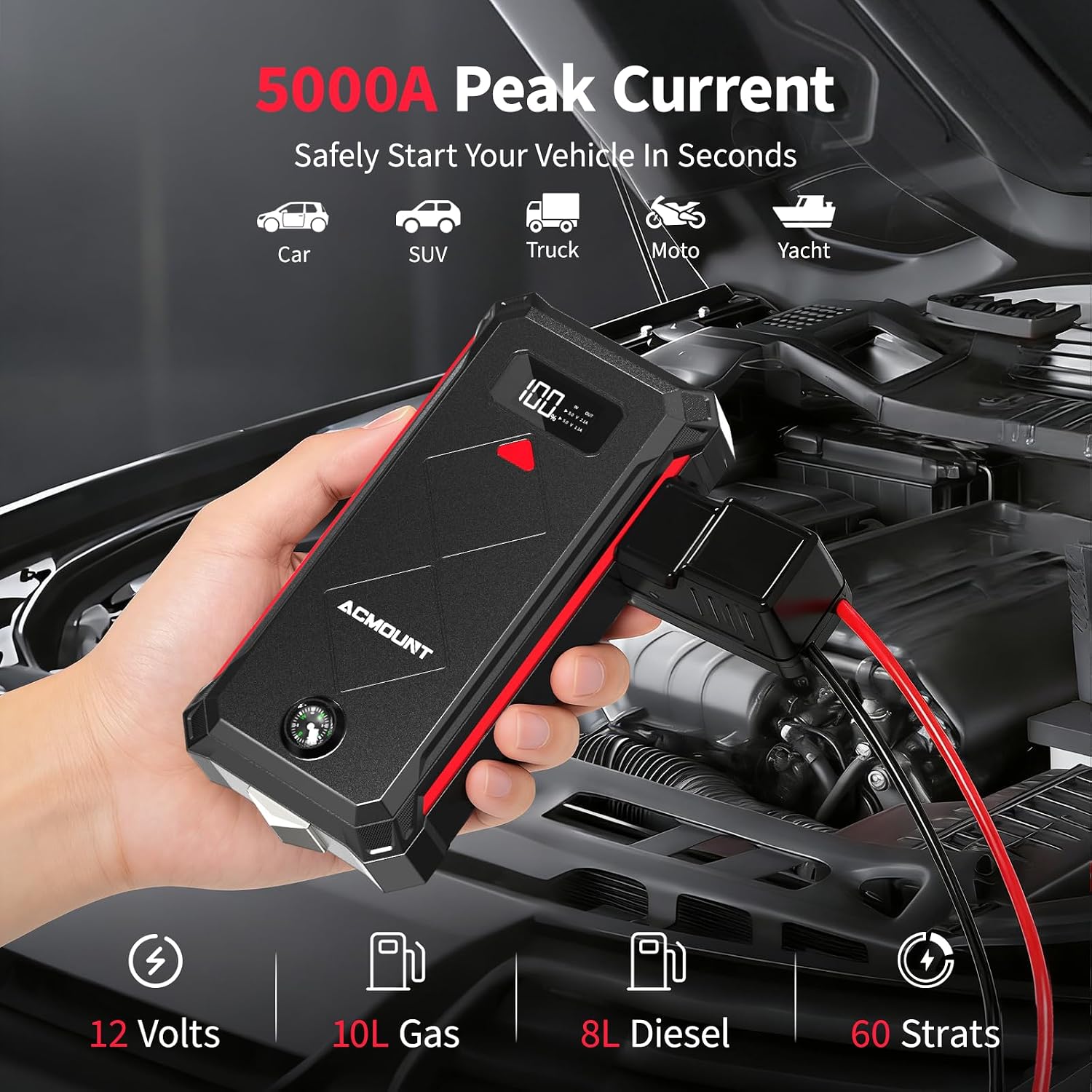 ACMOUNT P100 5000A Car Battery Jump Starter for 10.0L Gas/8.0L Diesel | 12V Portable Jump Box with Jumper Cables, Power Bank, 600LM LED Flashlight, Safety Hammer & Compass - Image 3