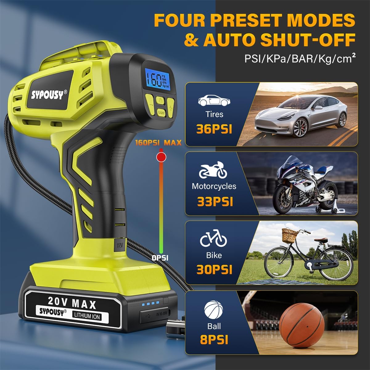 Tire Inflator Portable Air Compressor,Digital Cordless Tire Inflator,2X Faster Car Tire Pump with 20V Rechargeable Battery,Dual Power Supply Modes,Air Pump for Car Tires,E-Bike etc. - Image 5
