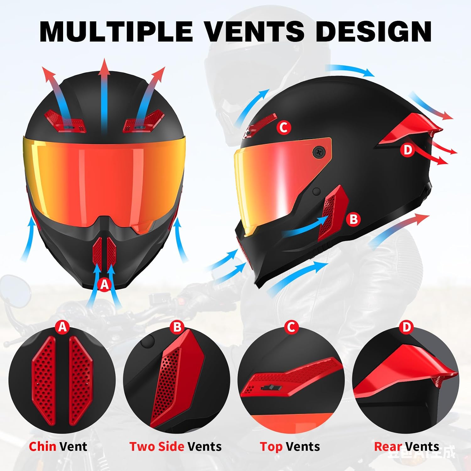 Motorcycle Helmets for Adult Men Women,MG666 Full Face Helmet | DOT Approved Retro Motorbike Racing Street Bike Helmets with 2 Visors & Carry Bag,Washable Liner,Multiple Ventilation System - Image 4