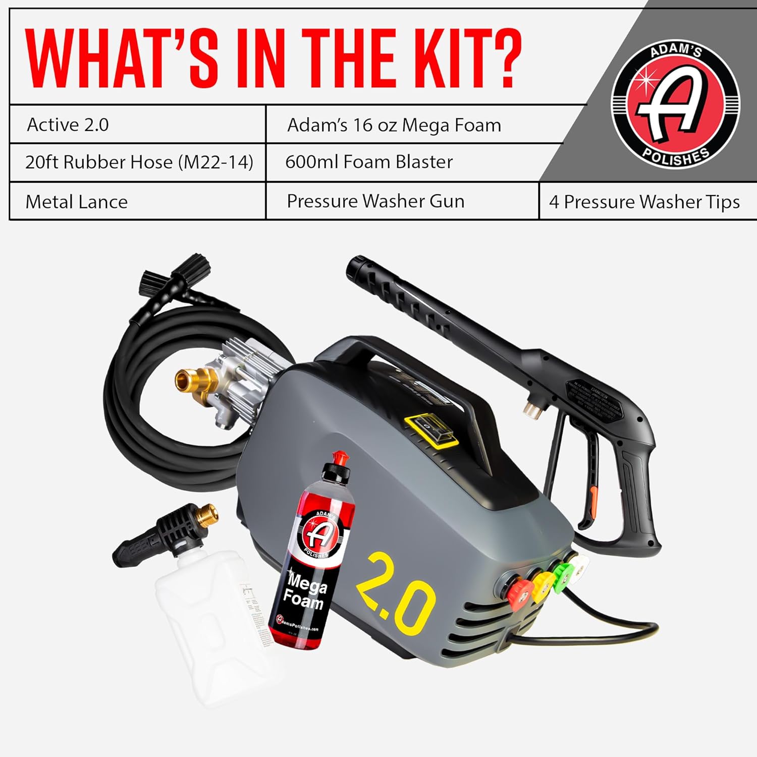 Adam's Polishes Active Pressure Washer 2.0 & Mega Foam Car Soap (5 Item) Powerful, Lightweight, Portable Electric Pressure Washer Sprayer | 1800 PSI, 2.0 GPM | for Car Home Auto Patio RV Motorcycle - Image 3