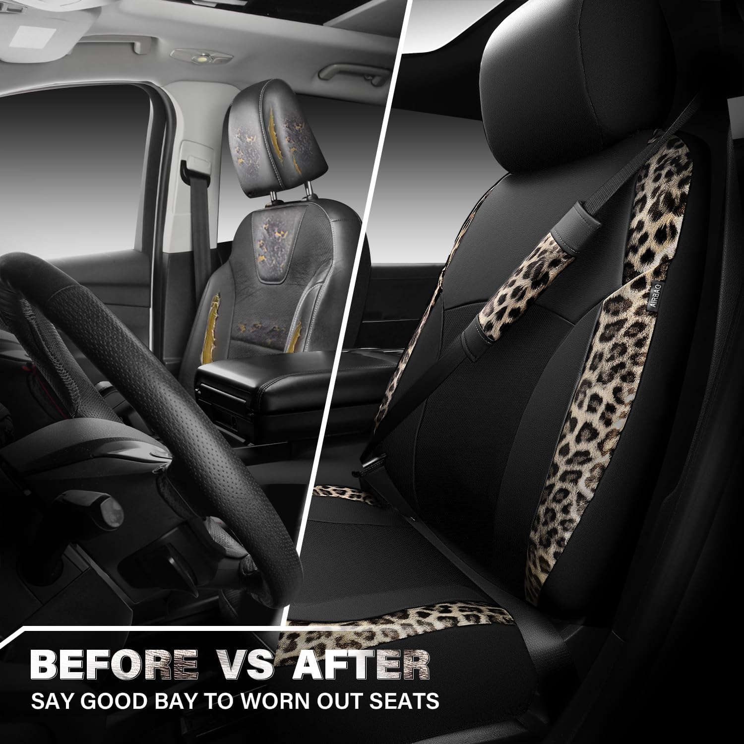 CAR PASS Leopard Print Faux Leather Car Seat Covers & Leopard Car Mats&Leopard Steering Wheel Cover Seat Belt Universal Car Accessories for SUV,Van,Saden,Truck Automobile Interior Sets(Gold Black) - Image 7