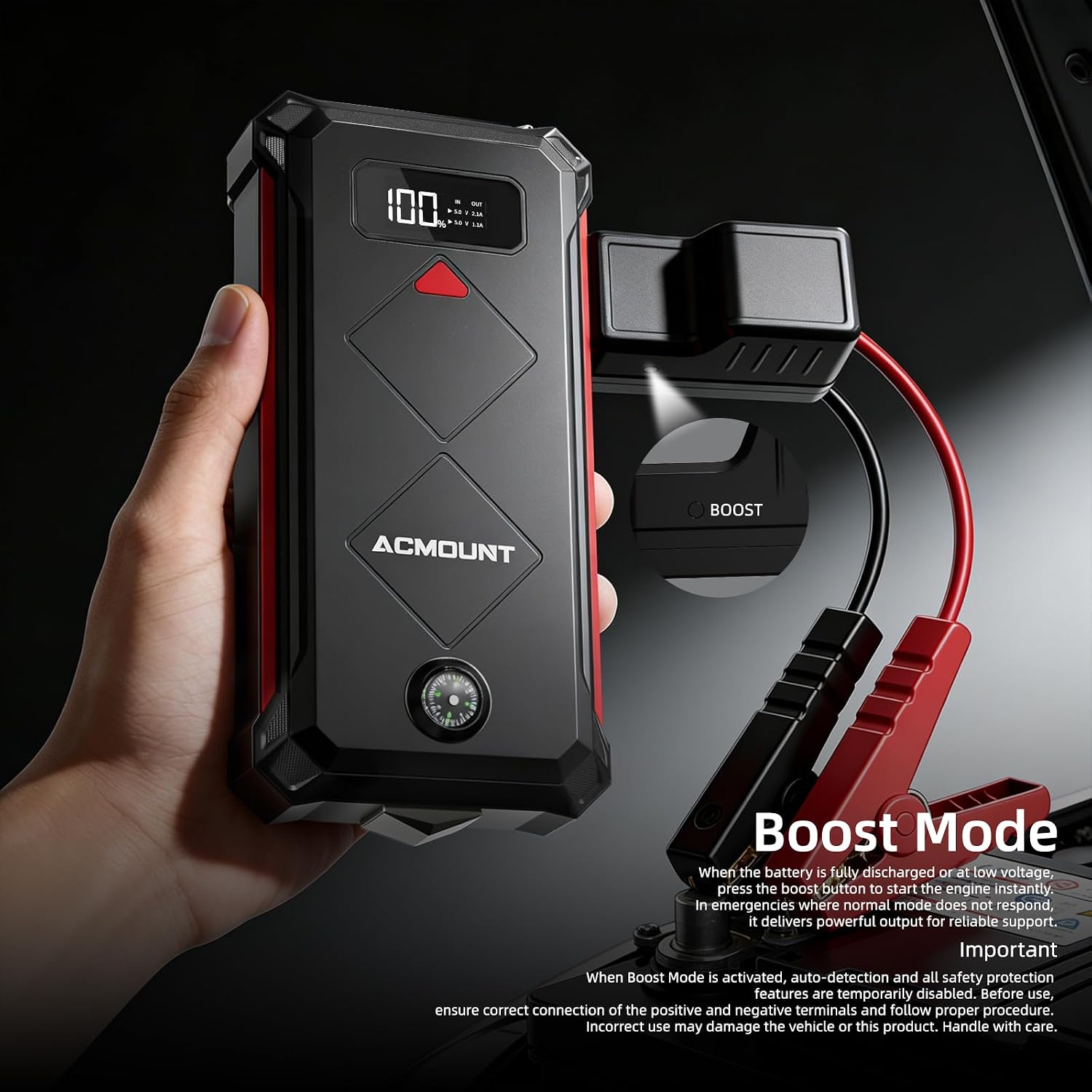 ACMOUNT P100 5000A Car Battery Jump Starter for 10.0L Gas/8.0L Diesel | 12V Portable Jump Box with Jumper Cables, Power Bank, 600LM LED Flashlight, Safety Hammer & Compass - Image 9