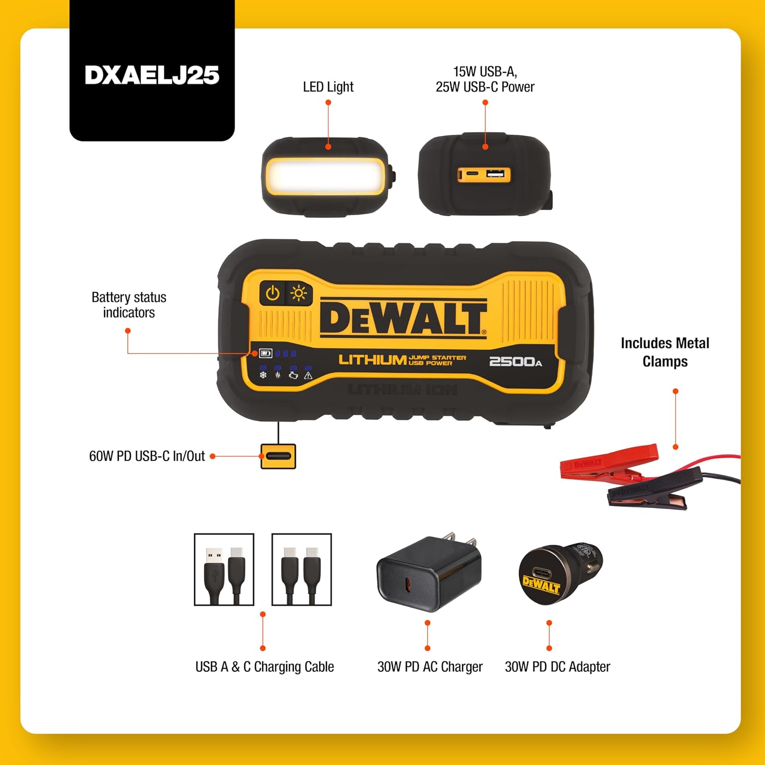 : DEWALT DXAELJ25 2500 Peak Amp Portable Lithium Jump Starter with USB-C (25W, 60W in/Out) and USB-A (15W) - Image 3