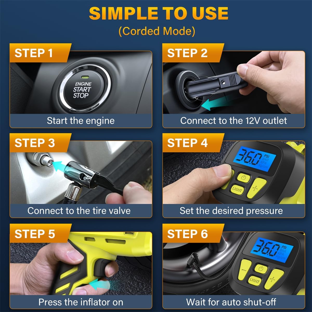 Tire Inflator Portable Air Compressor,Digital Cordless Tire Inflator,2X Faster Car Tire Pump with 20V Rechargeable Battery,Dual Power Supply Modes,Air Pump for Car Tires,E-Bike etc. - Image 10