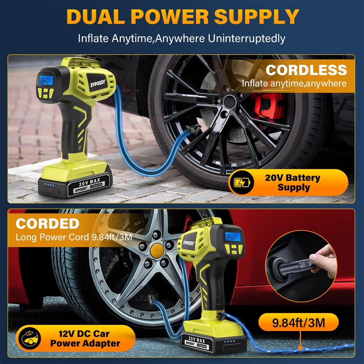 Tire Inflator Portable Air Compressor,Digital Cordless Tire Inflator,2X Faster Car Tire Pump with 20V Rechargeable Battery,Dual Power Supply Modes,Air Pump for Car Tires,E-Bike etc. - Image 4