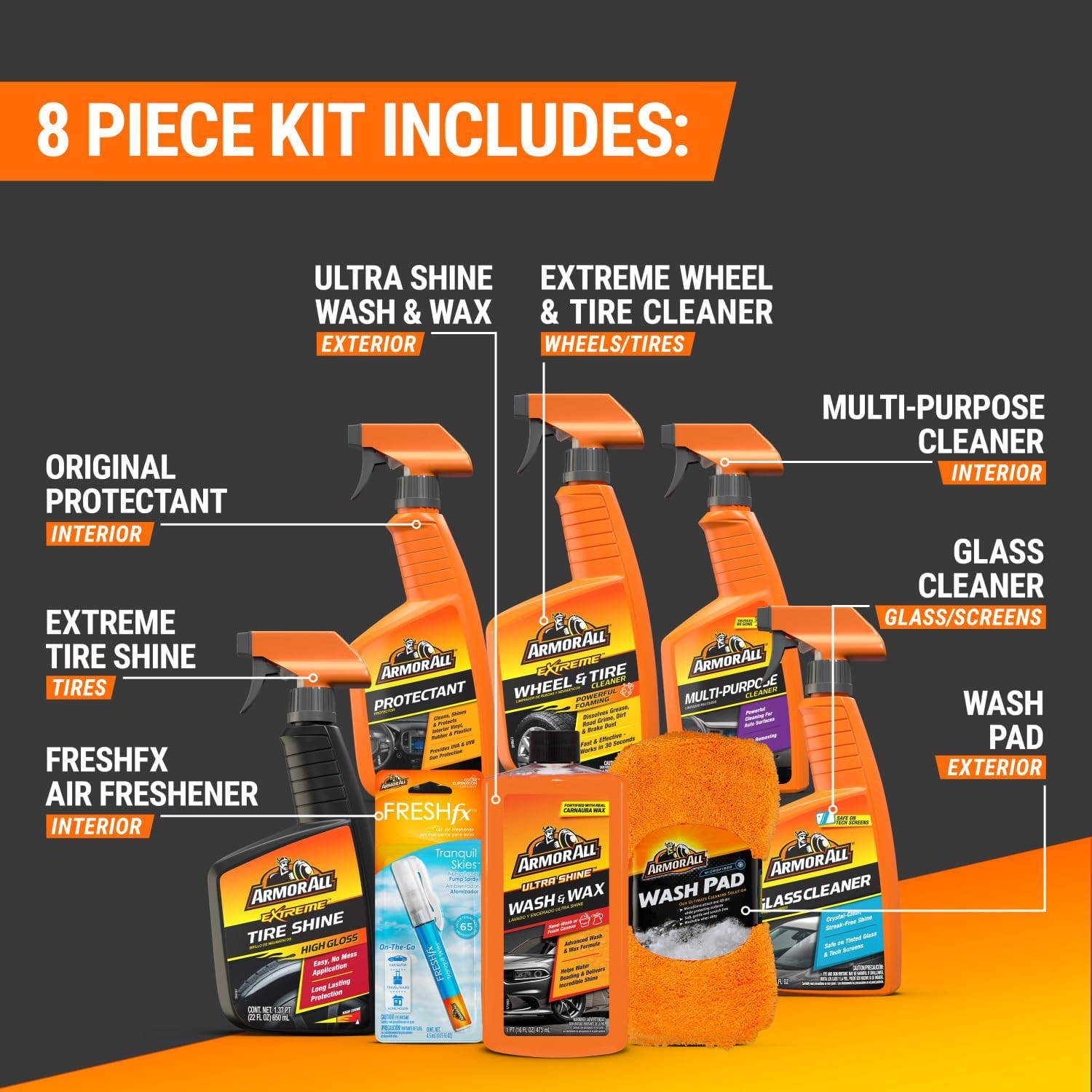 Armor All Premier Car Care Kit, Includes Car Wax & Wash Kit, Glass Cleaner, Car Air Freshener, Tire & Wheel Cleaner (8 Piece Kit) - Image 3
