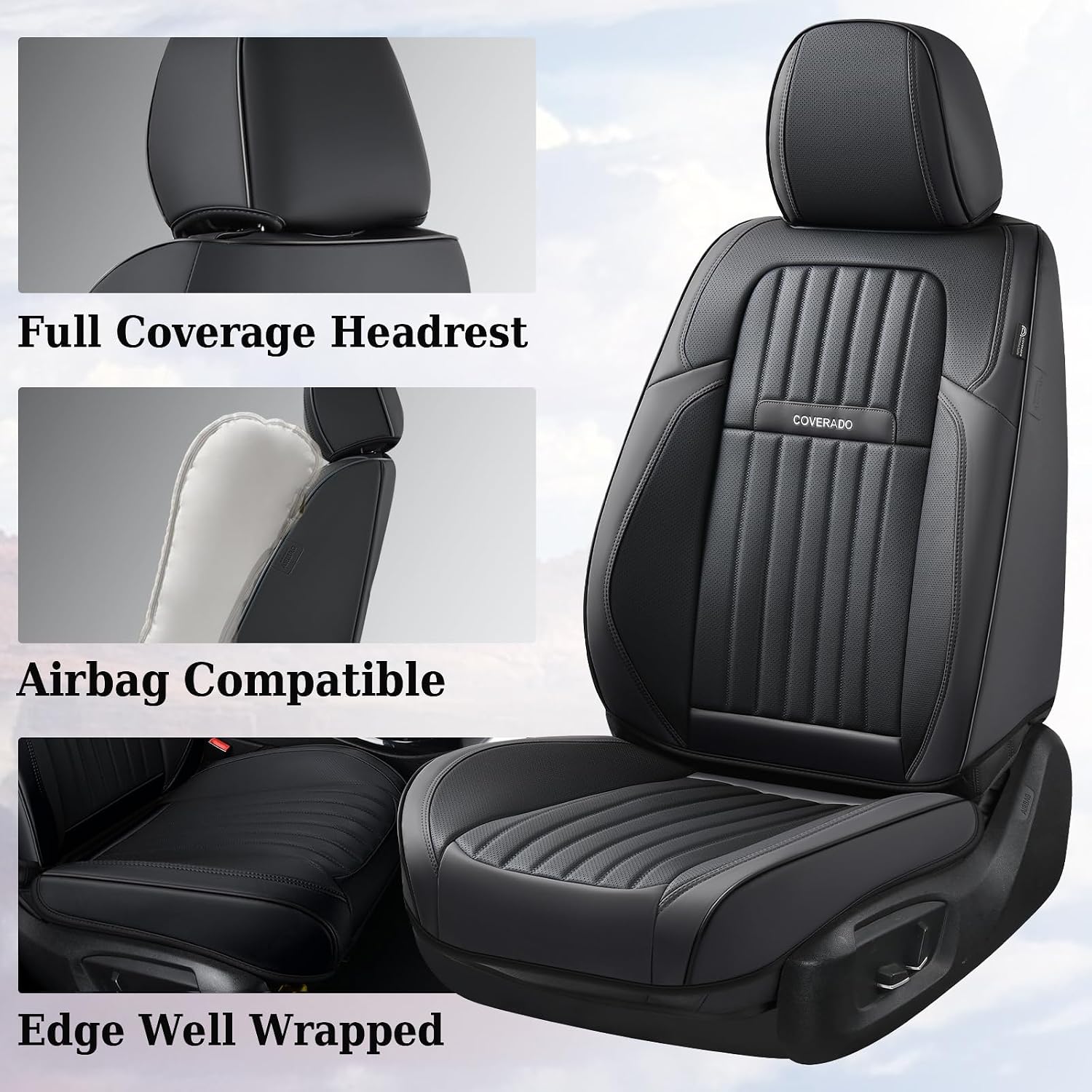 Coverado Seat Covers, Car Seat Covers Front Seats, Car Seat Cover, Car Seat Protector Waterproof, Car Seat Cushion Nappa Leather, Black Seat Covers for Cars Carseat Cover Universal Fit for Most Cars - Image 4