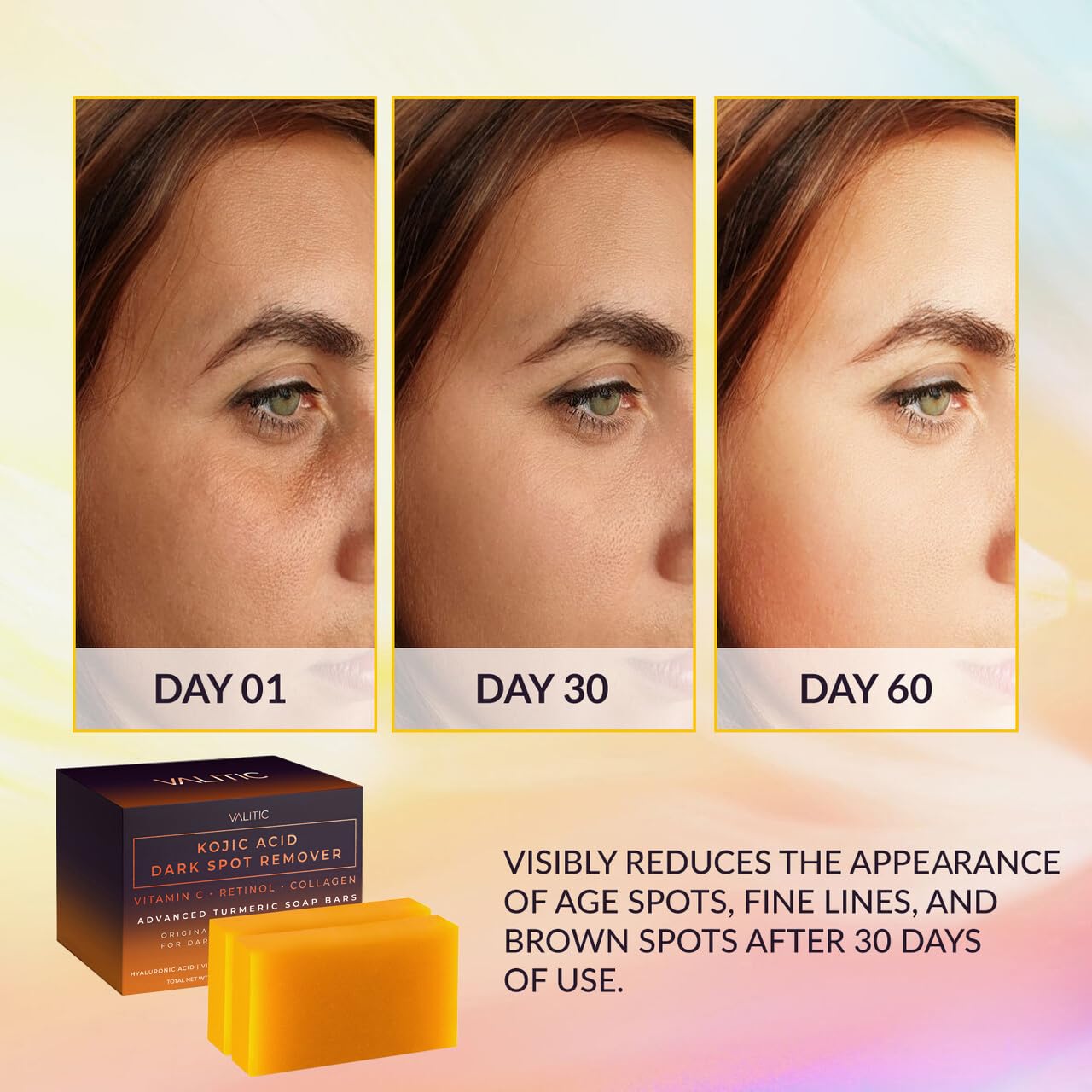 VALITIC Kojic Acid Dark Spot Remover Soap Bars with Vitamin C, Retinol, Collagen, Turmeric - Original Japanese Complex Infused with Hyaluronic Acid, Vitamin E, Shea Butter, Castile Olive Oil (2 Pack) - Image 3