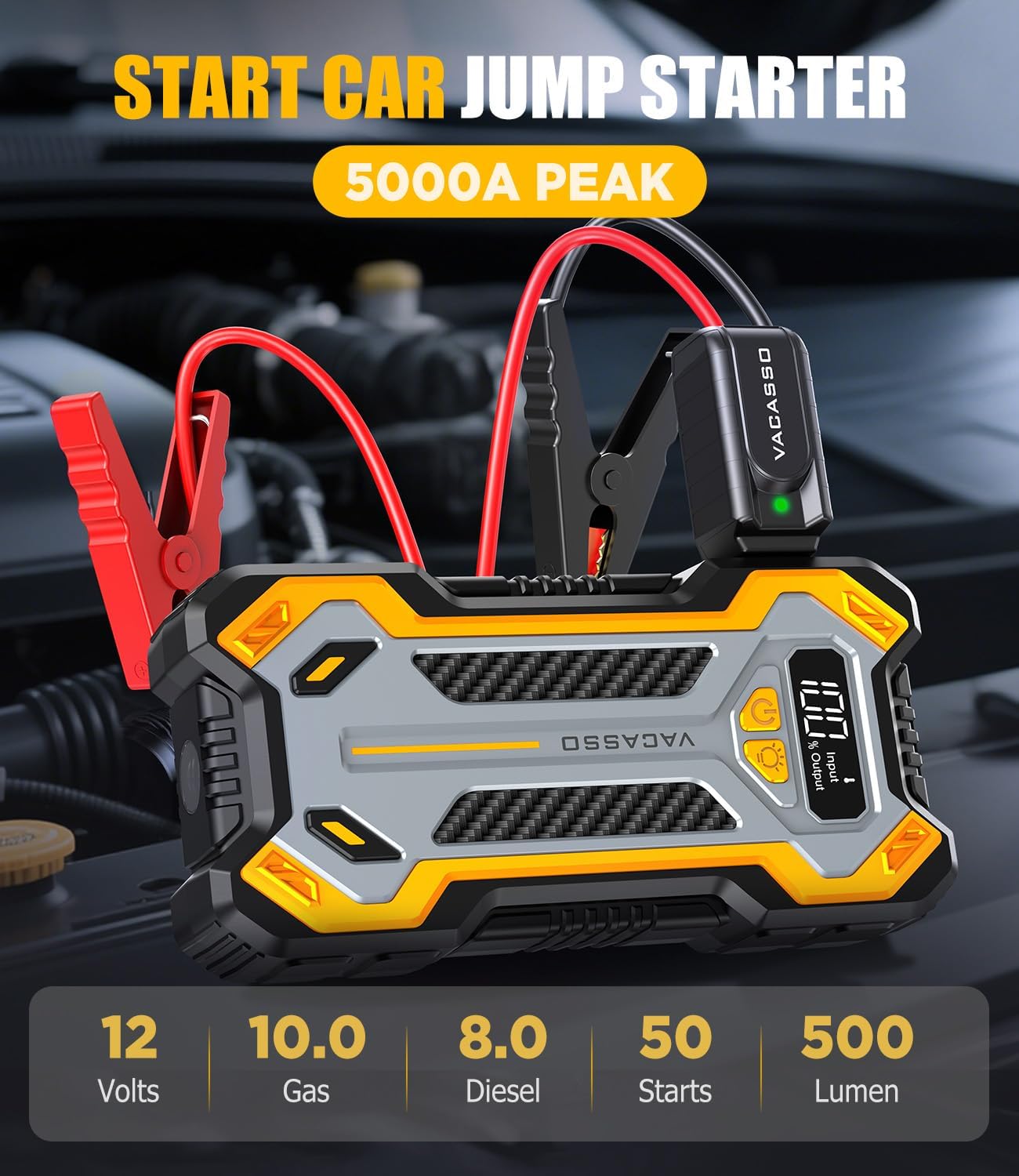 Car Jump Starter, VACASSO 5000A Car Battery Jump Starter for Up to 10L Gas and 8L Diesel Engines, 12V Portable Jumper Starter Power Pack with Booster Car Starter Jump Box, LED Light, Jumper Cable - Image 3