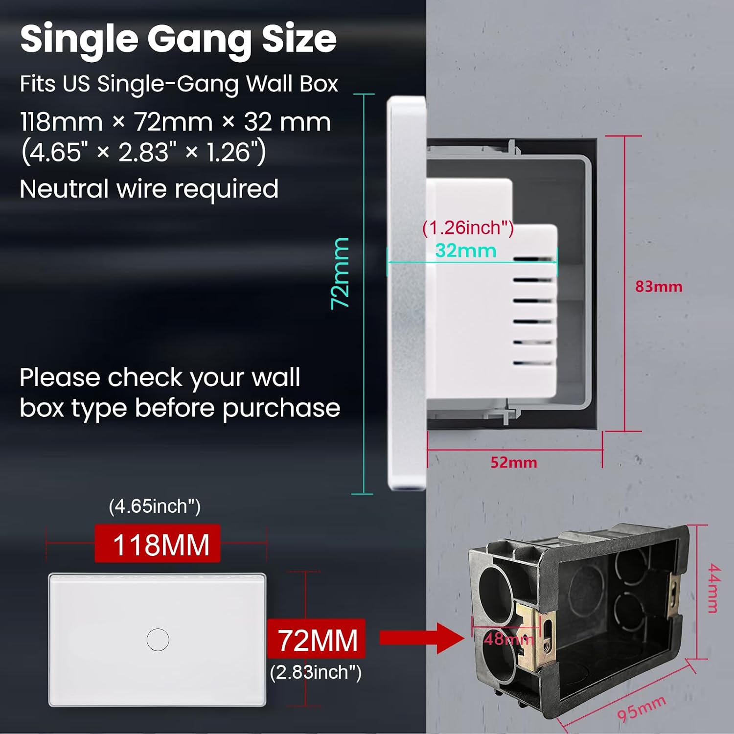 Smart Switch Aluminum Frame,2.5D Glass Panel,4.65 X 2.83 X 1.26 Inches,Need Neutral Wire,2.4GHz WiFi,Work with Tuya/Smart Life,App/Voice Control,White 1 Button - Image 6