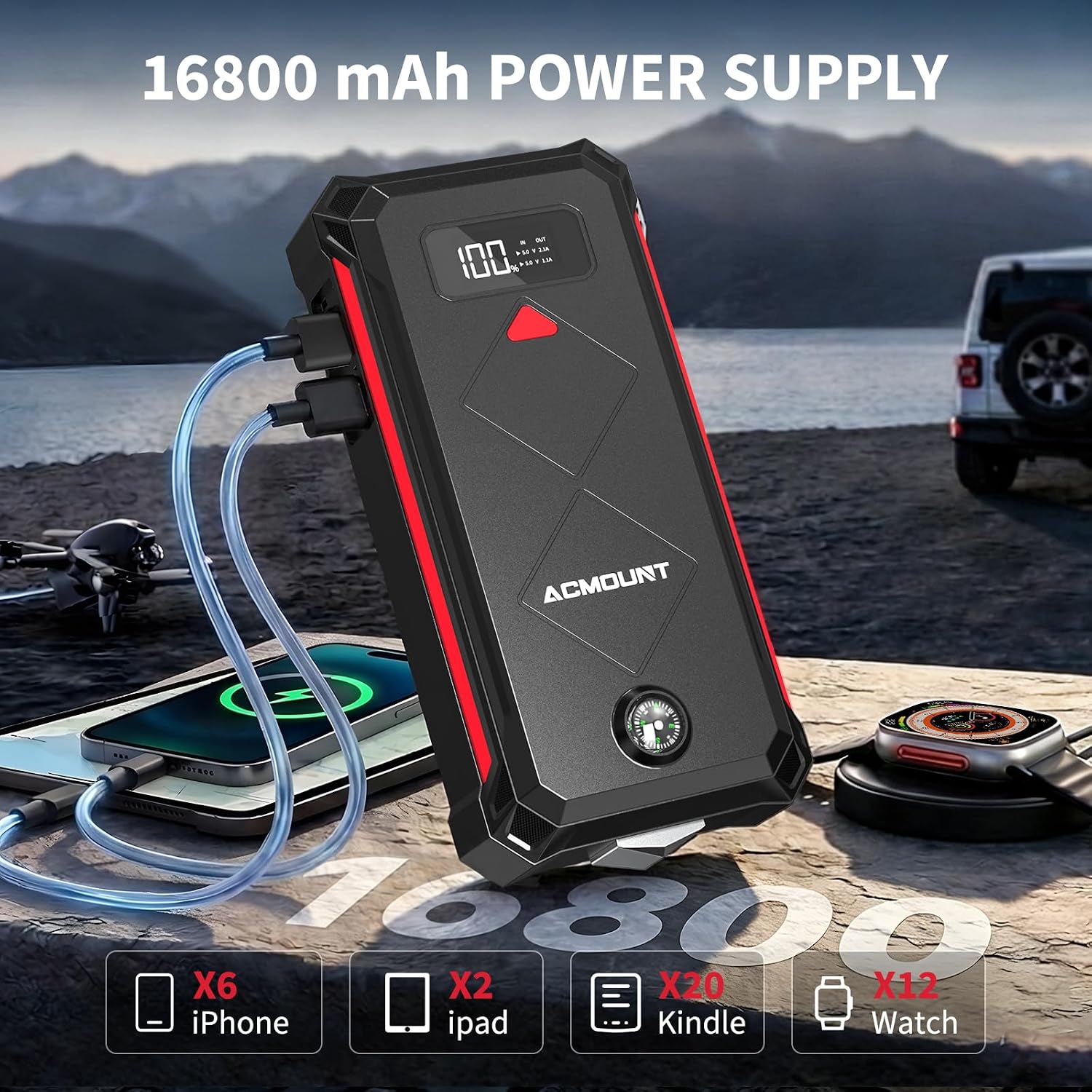 ACMOUNT P100 5000A Car Battery Jump Starter for 10.0L Gas/8.0L Diesel | 12V Portable Jump Box with Jumper Cables, Power Bank, 600LM LED Flashlight, Safety Hammer & Compass - Image 5