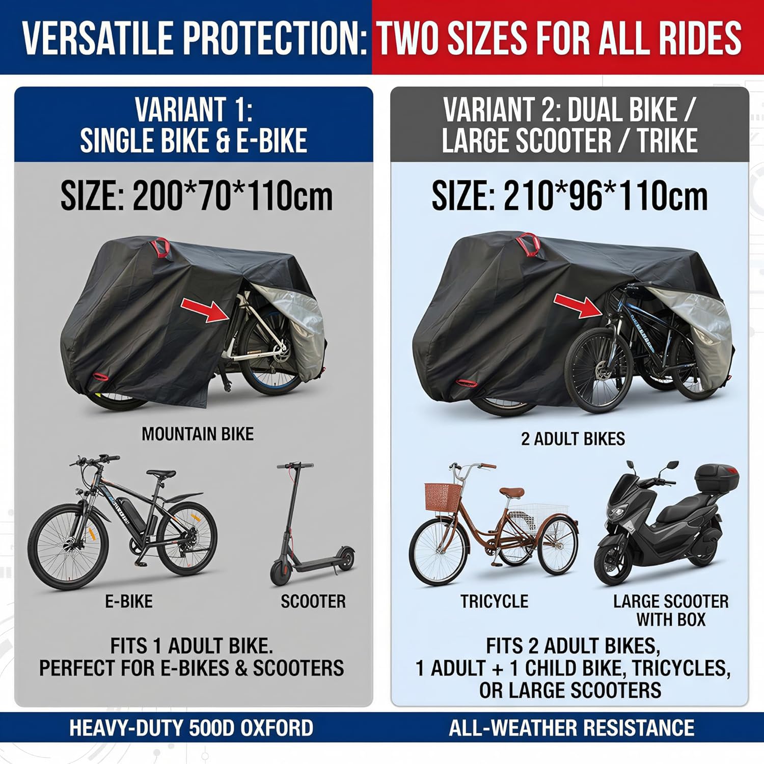 Bike Cover with Side Zipper, 500D Heavy Duty Waterproof Bicycle Cover for Outdoor Storage, Windproof Tie-Down Straps, Reflective Strips, Fits 1–3 Bikes, Mountain, Road & Electric(2bikes) - Image 3