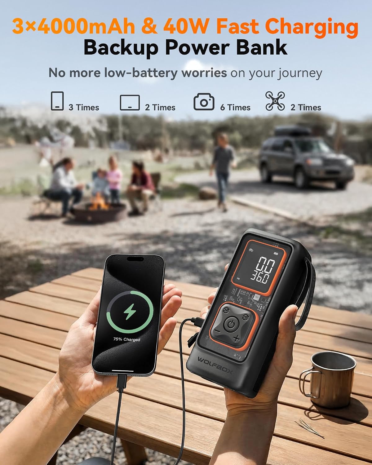 WOLFBOX Cordless Tire Inflator Portable Air Compressor, 150PSI Air Pump for Car Tires, Motorcycle, Bicycle & Ball, with Smart Digital Pressure Gauge, Auto Shut-Off & LED Flashlight - Image 7