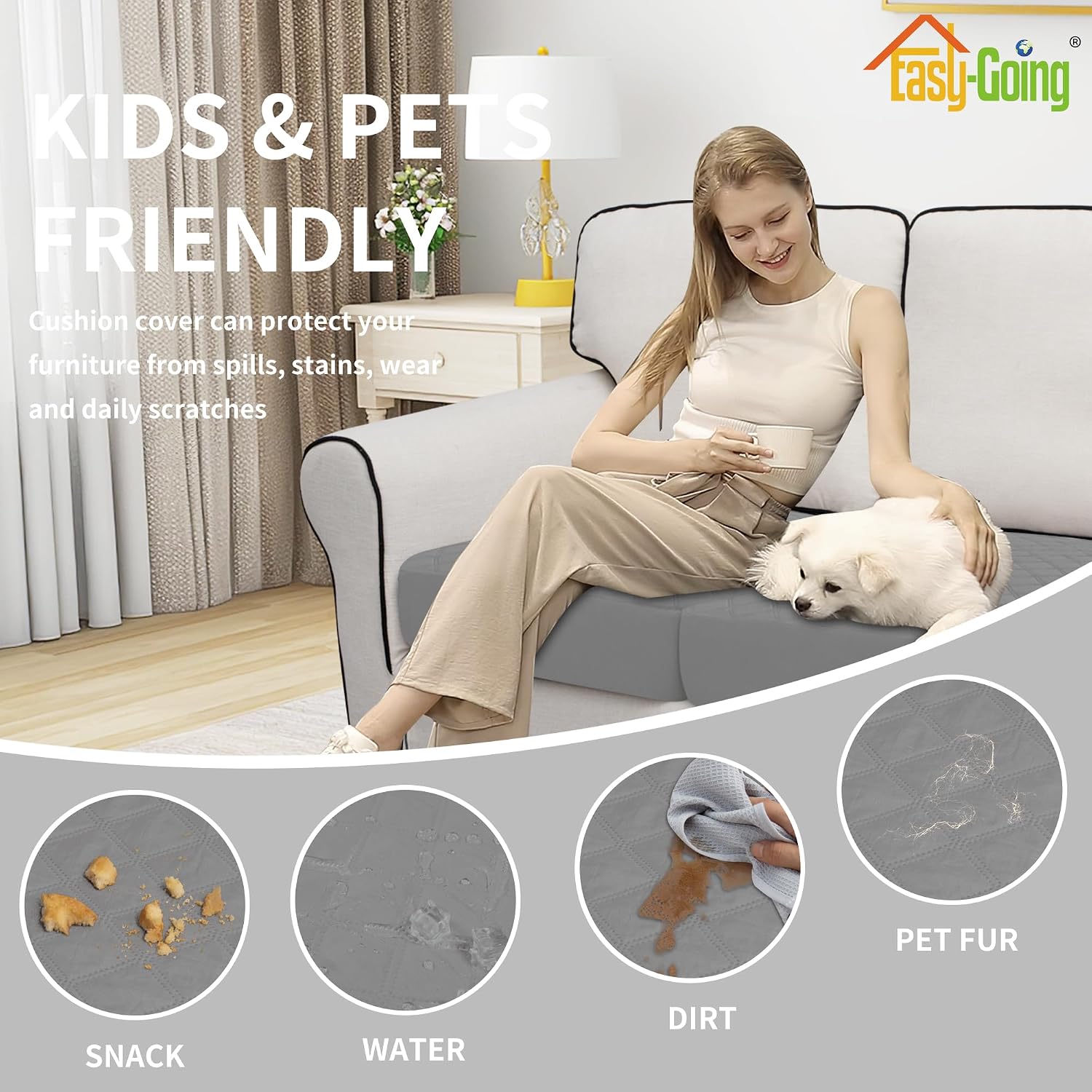Easy-Going Waterproof Chair Cushion Cover, Non-Slip Leakproof Sofa Seat Cushion Slipcovers, Quilted and Stretch Furniture Protector for Dogs, Pets (1-Piece Chair Cushion, Grey) - Image 6