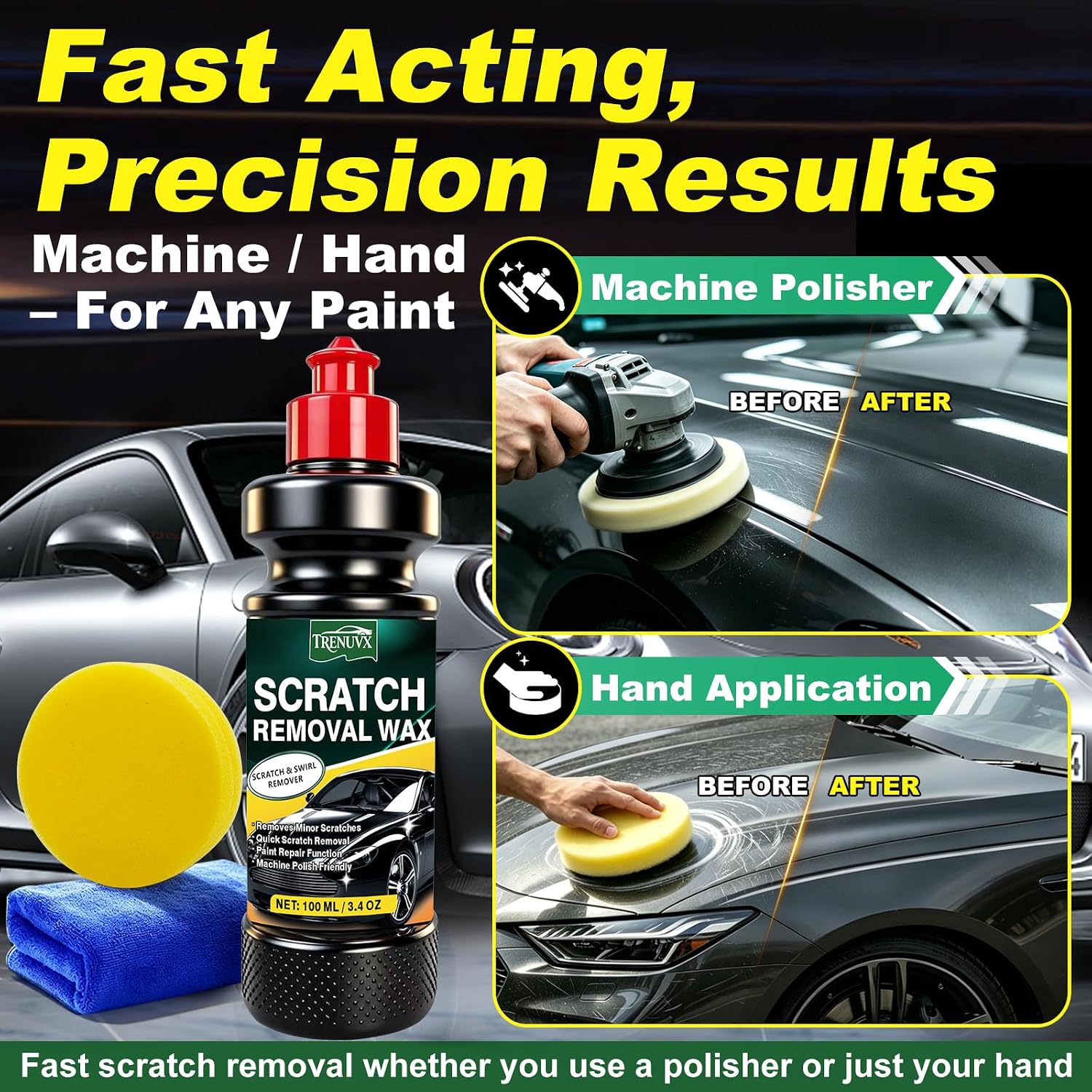 Car Scratch Remover for Vehicles, Car Scratch Repair Kit with Scratch Removal Wax, Rubbing Compound & Polishing Pad, Removes Light Scratches and Swirl Marks, Restores Car Paint Finish, 3.4oz/100ml - Image 5