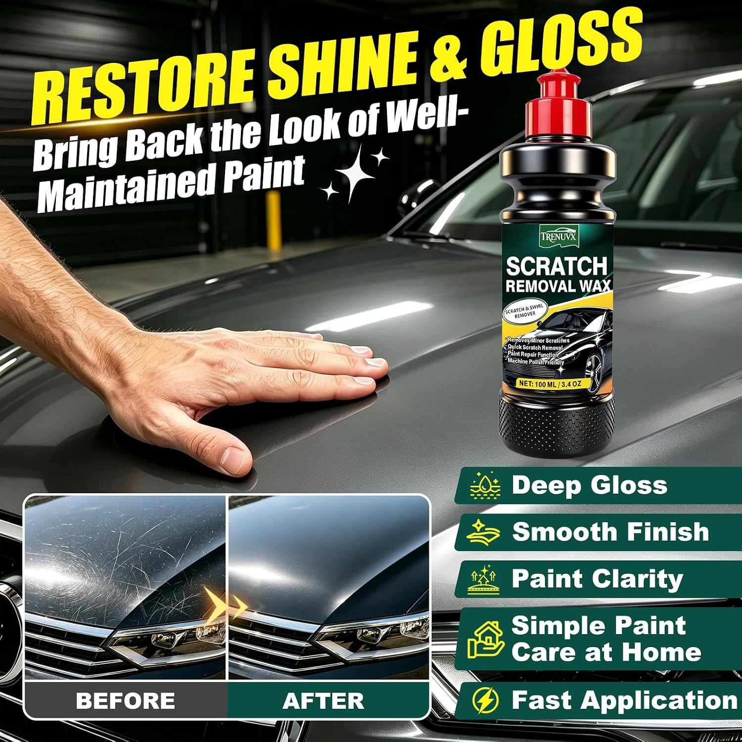 Car Scratch Remover for Vehicles, Car Scratch Repair Kit with Scratch Removal Wax, Rubbing Compound & Polishing Pad, Removes Light Scratches and Swirl Marks, Restores Car Paint Finish, 3.4oz/100ml - Image 7